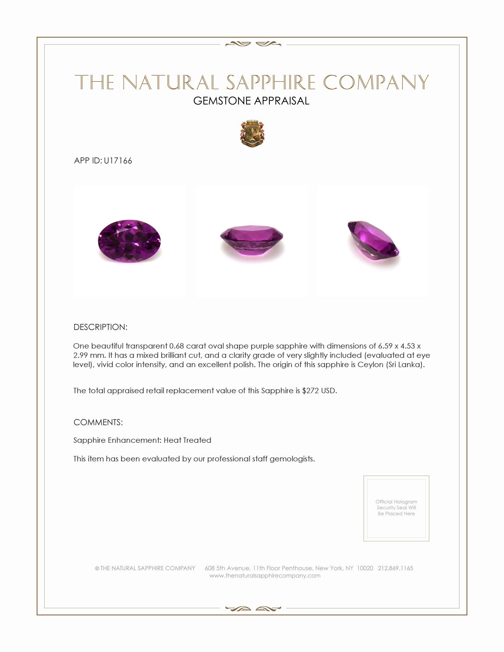 0.68 Ct. Purple Sapphire from Ceylon (Sri Lanka)