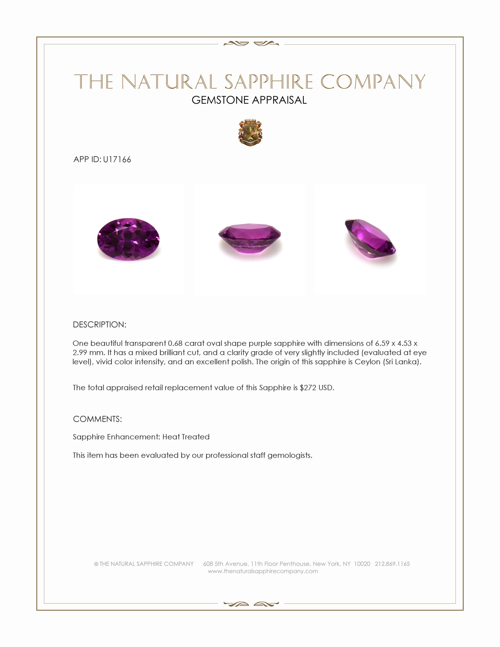0.68 Ct. Purple Sapphire from Ceylon (Sri Lanka)