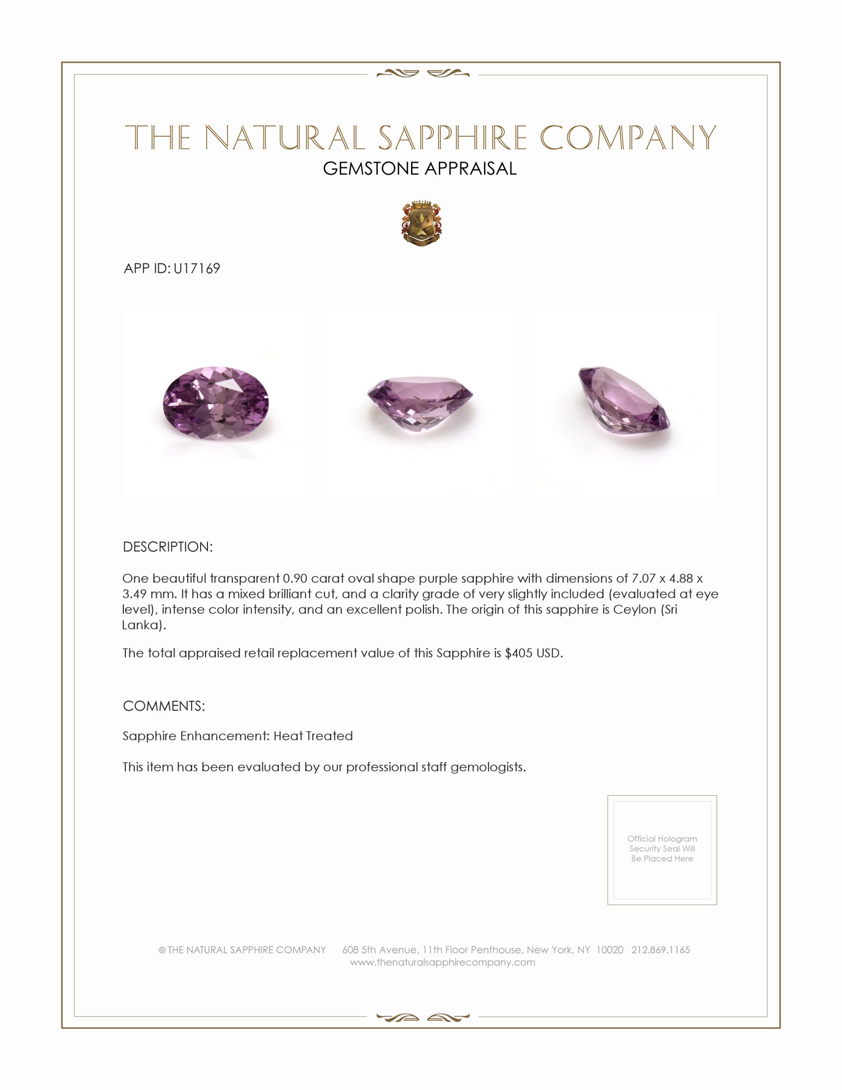 0.90 Ct. Purple Sapphire from Ceylon (Sri Lanka)