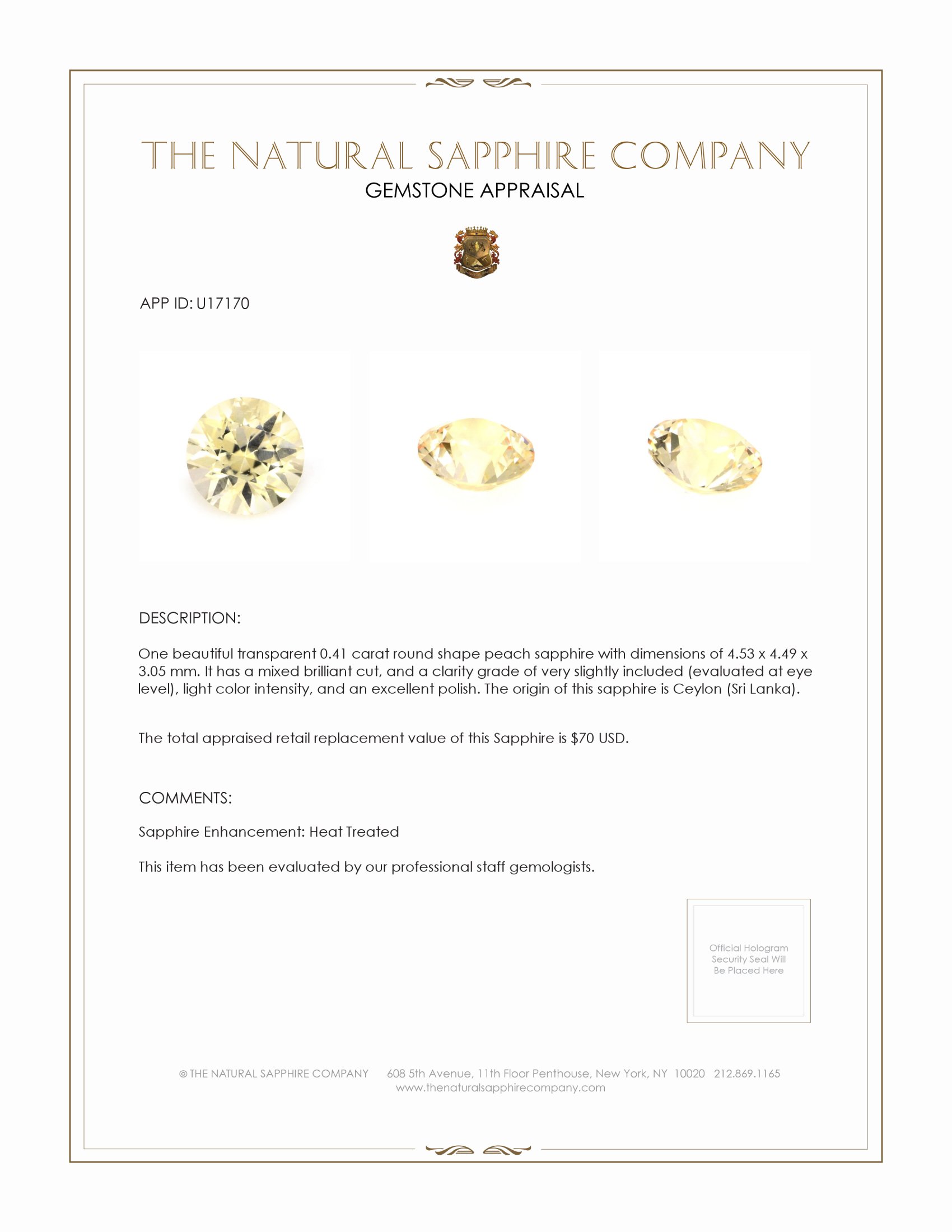 0.41 Ct. Peach Sapphire from Ceylon (Sri Lanka)