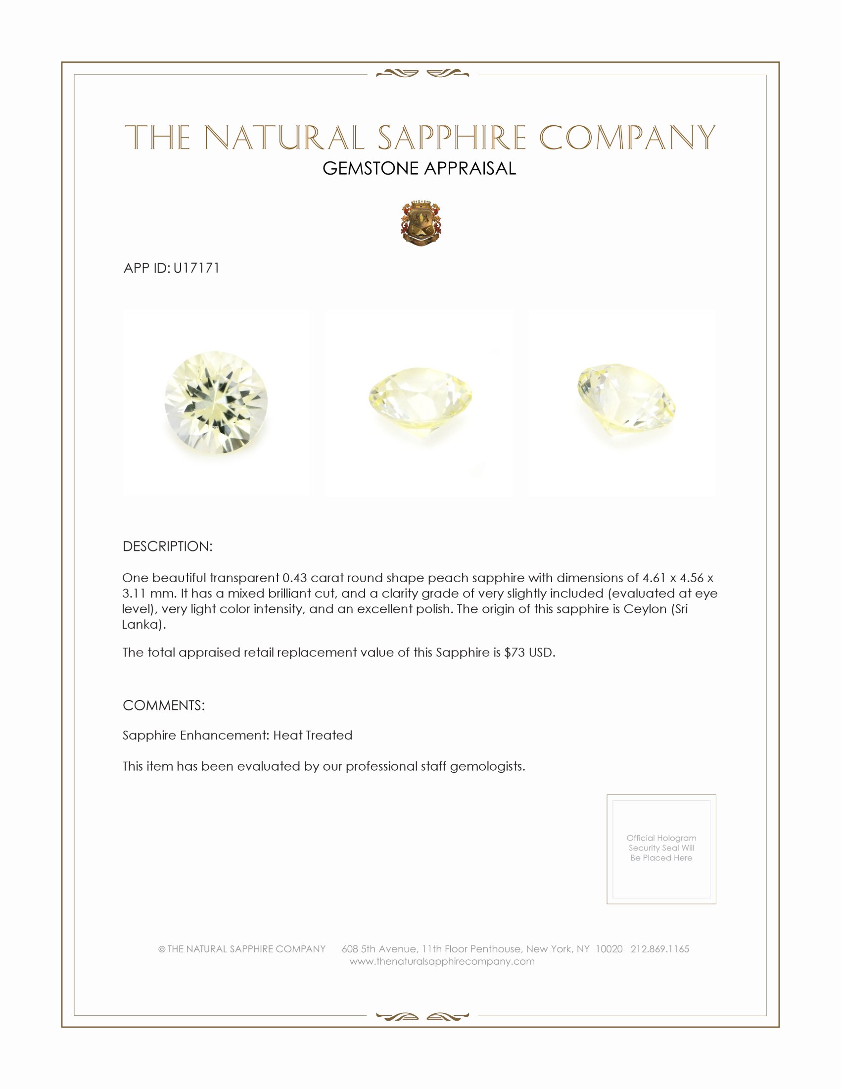 0.43 Ct. Peach Sapphire from Ceylon (Sri Lanka)