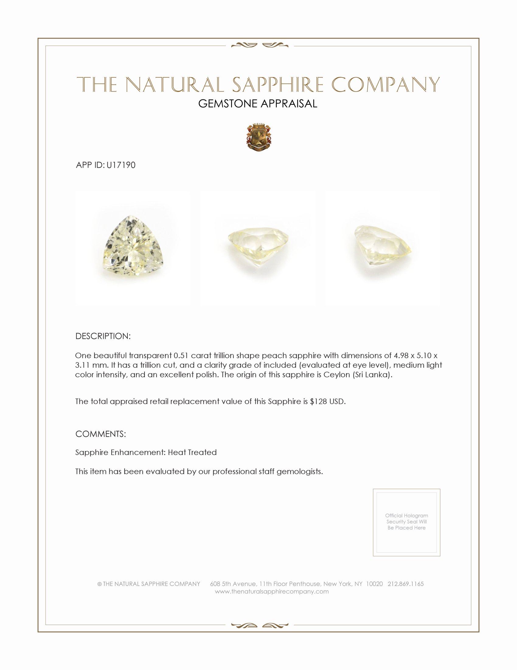 0.51 Ct. Peach Sapphire from Ceylon (Sri Lanka)