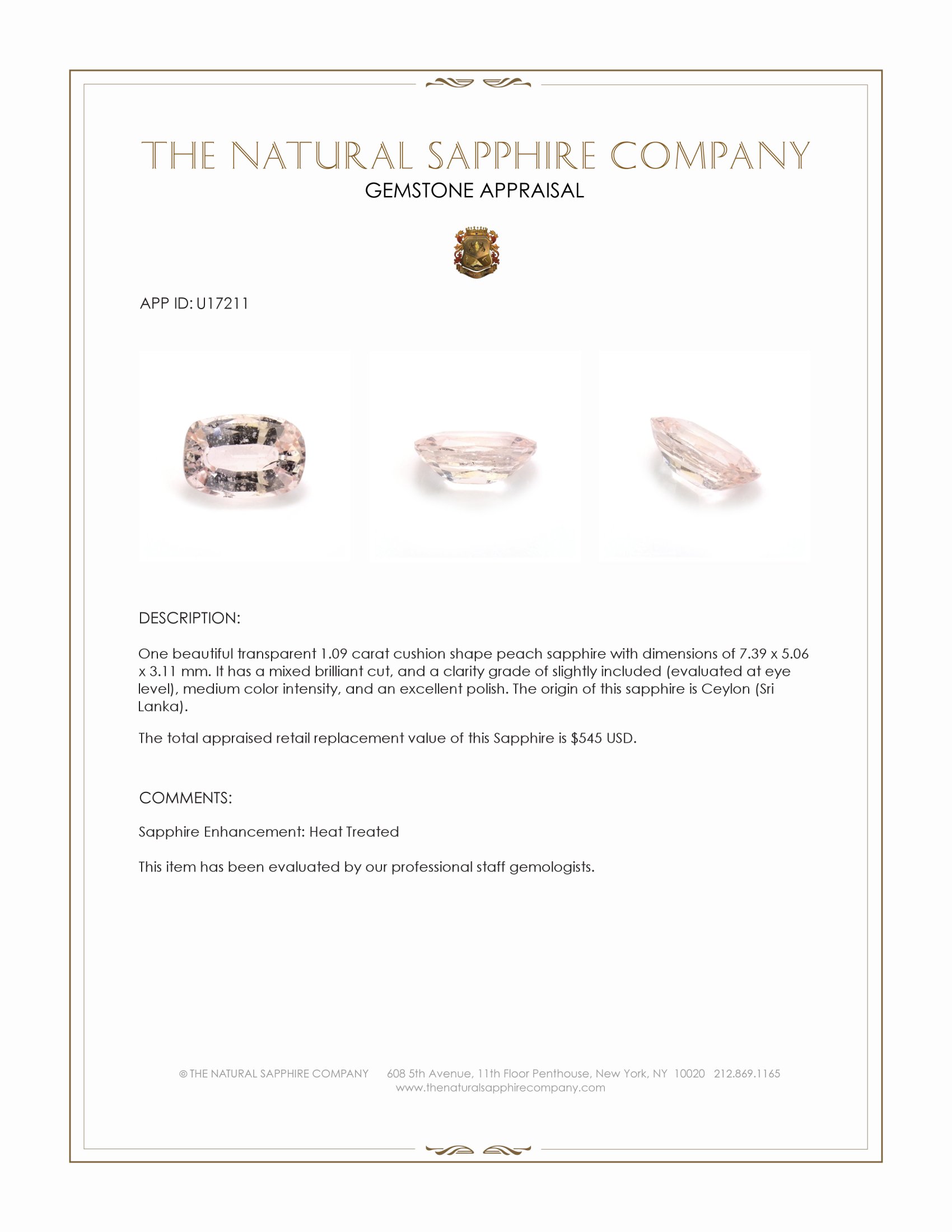 1.09 Ct. Peach Sapphire from Ceylon (Sri Lanka)