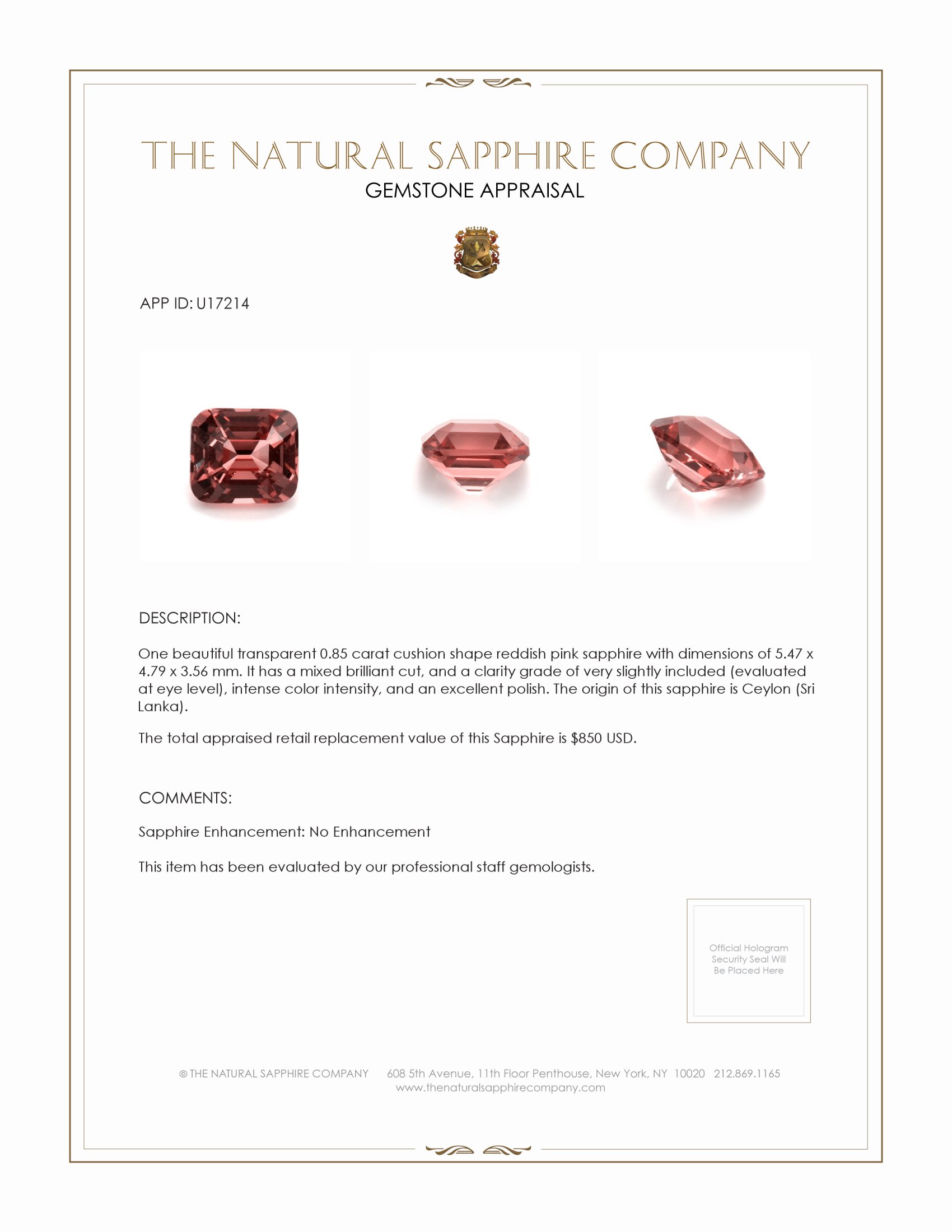 0.85 Ct. Reddish Pink Sapphire from Ceylon (Sri Lanka)