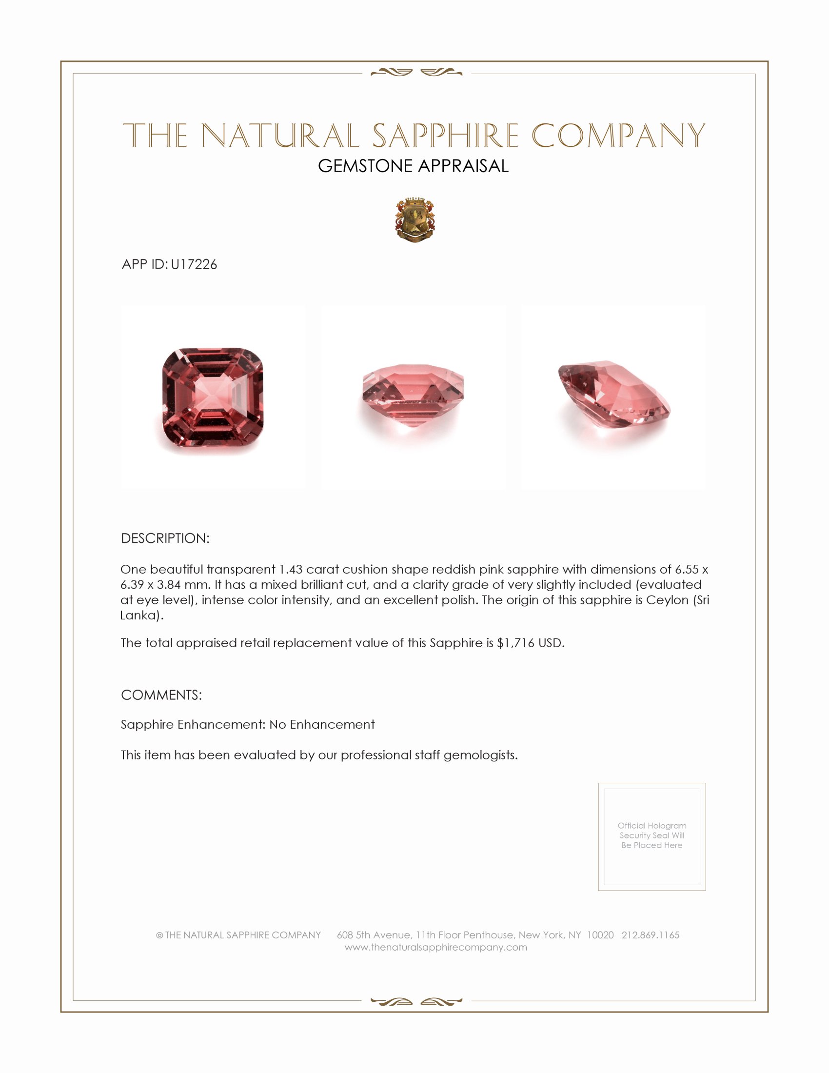 1.43 Ct. Pinkish Brown Sapphire from Ceylon (Sri Lanka)