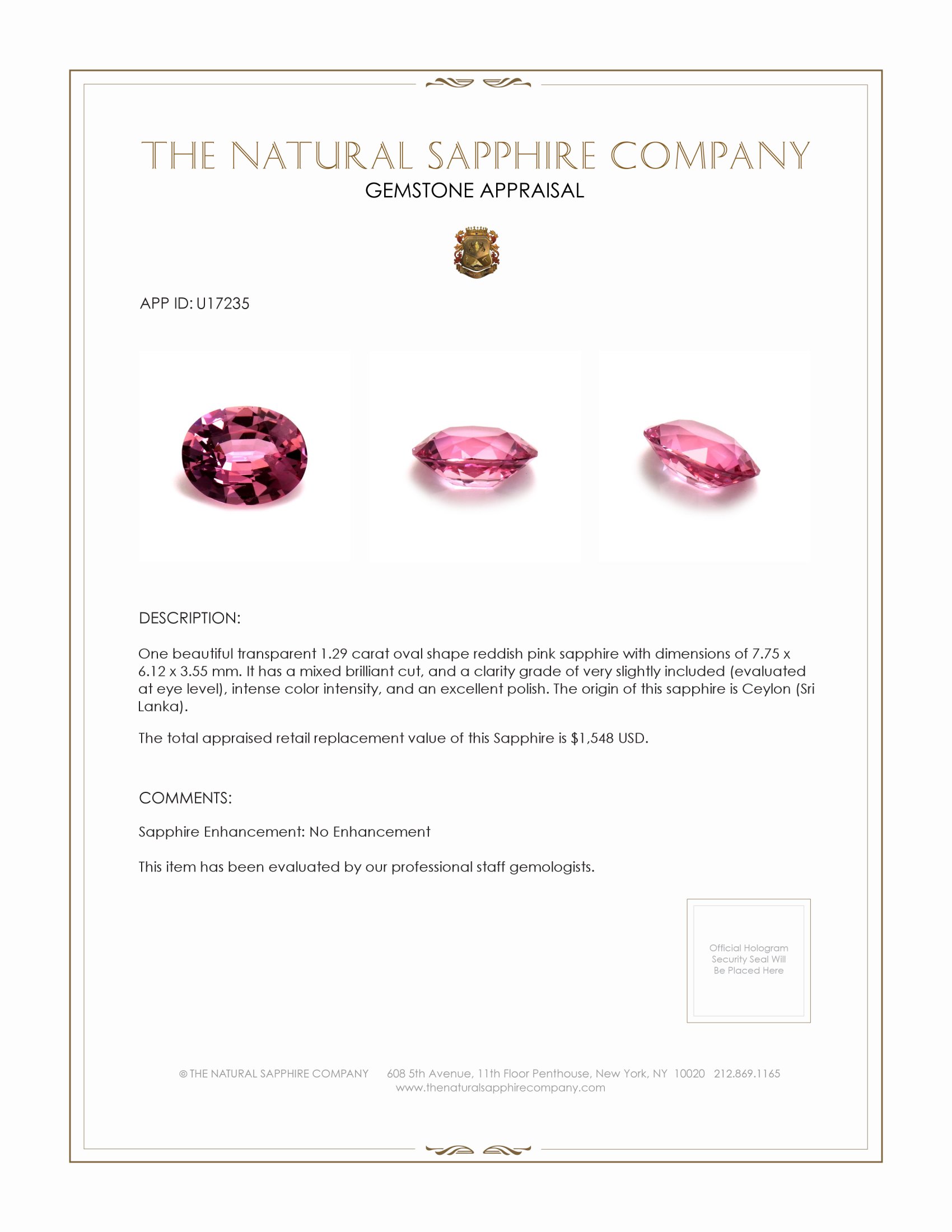1.29 Ct. Reddish Pink Sapphire from Ceylon (Sri Lanka)