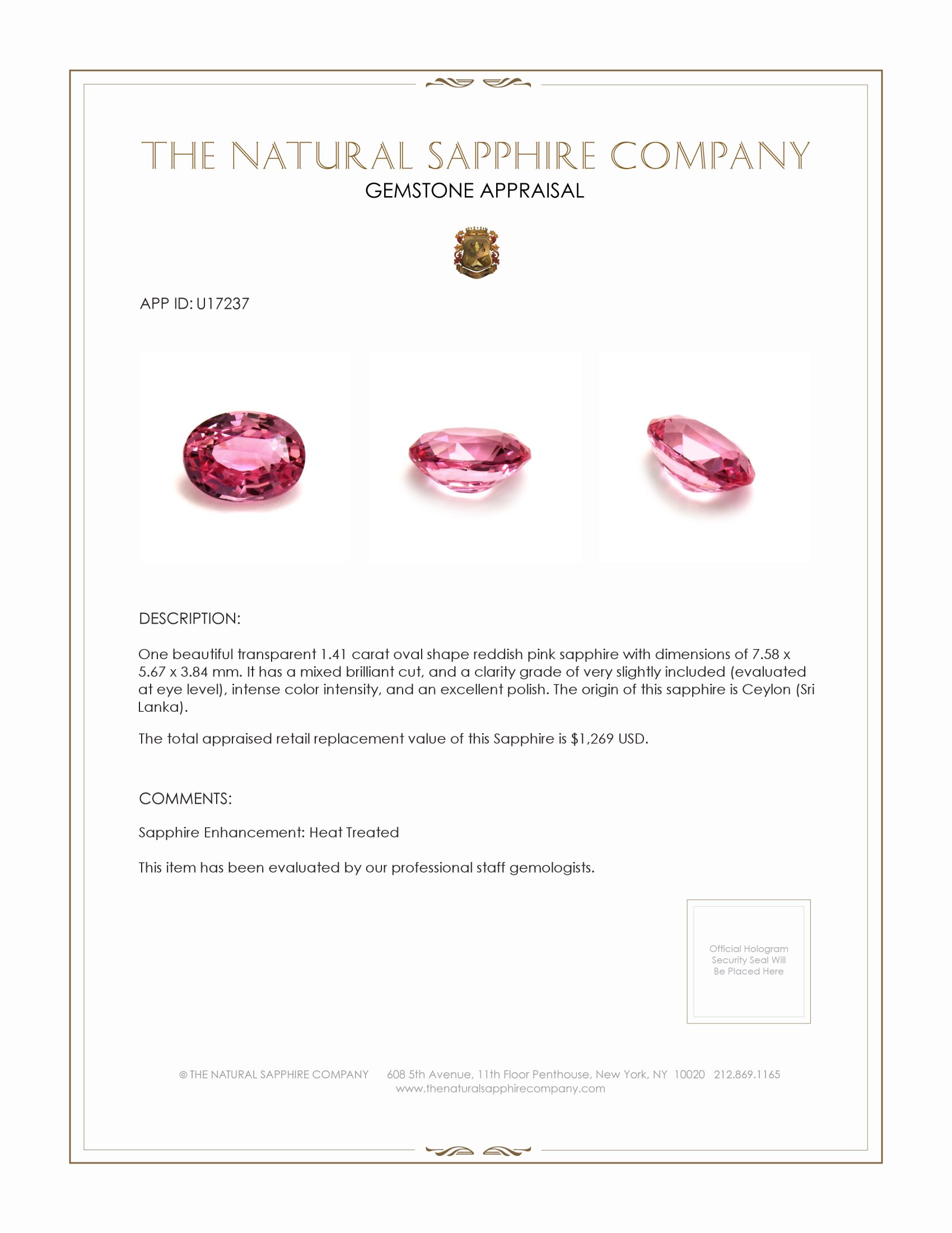 1.41 Ct. Reddish Pink Sapphire from Ceylon (Sri Lanka)