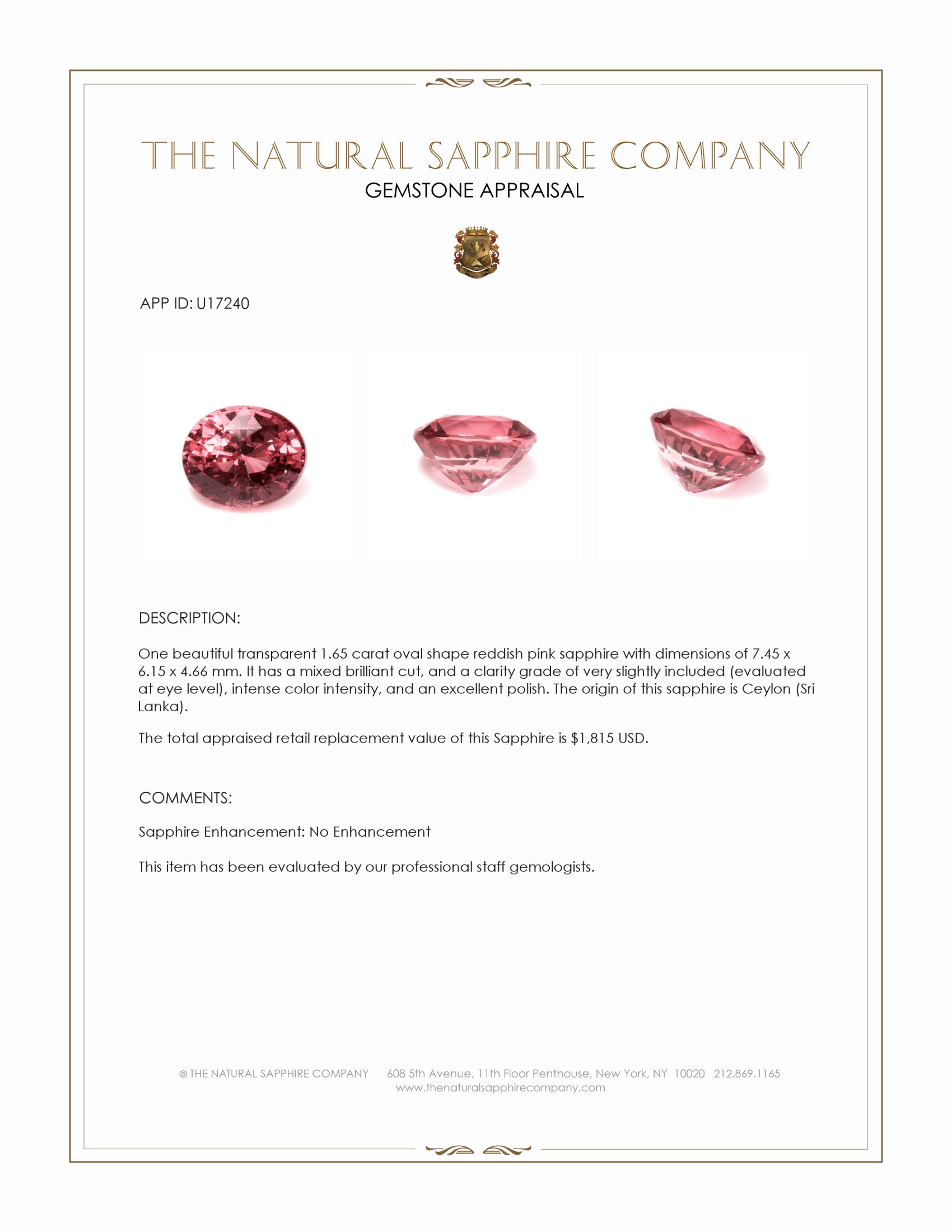 1.65 Ct. Reddish Pink Sapphire from Ceylon (Sri Lanka)