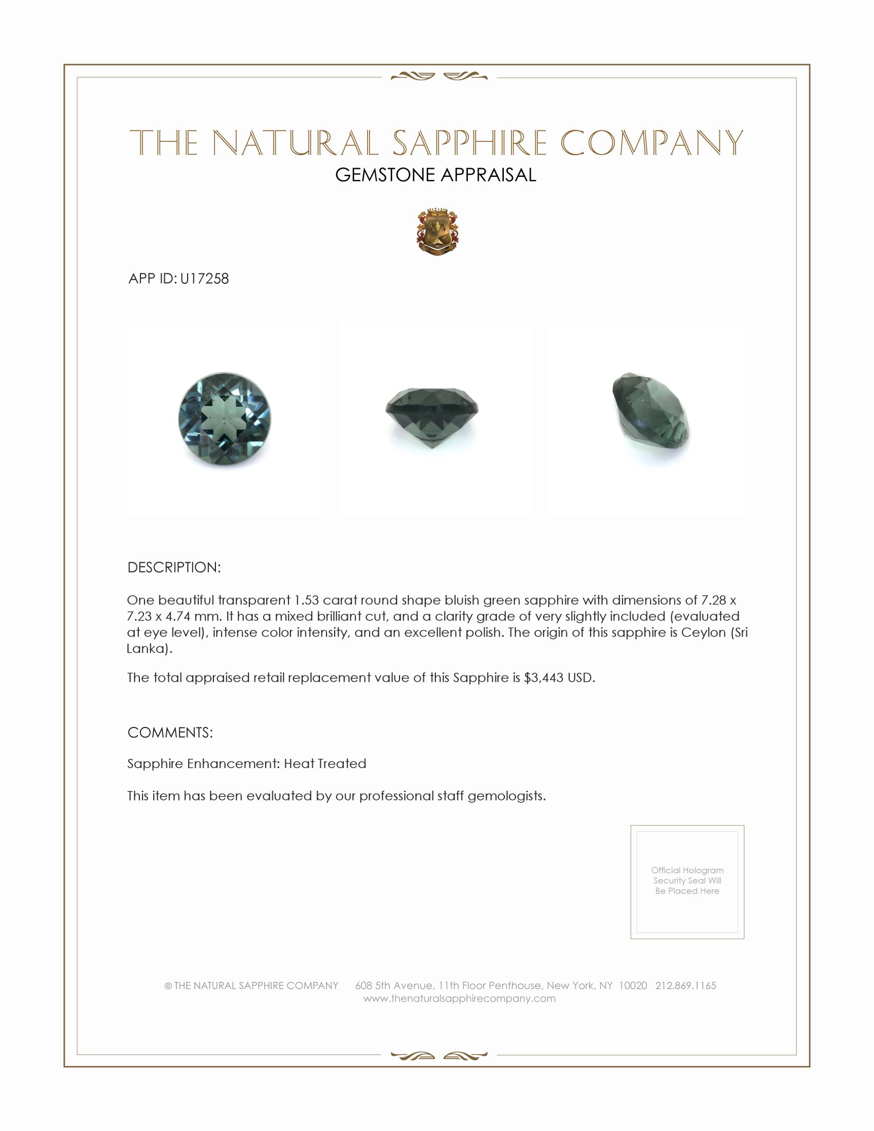 1.53 Ct. Bluish Green Sapphire from Ceylon (Sri Lanka)