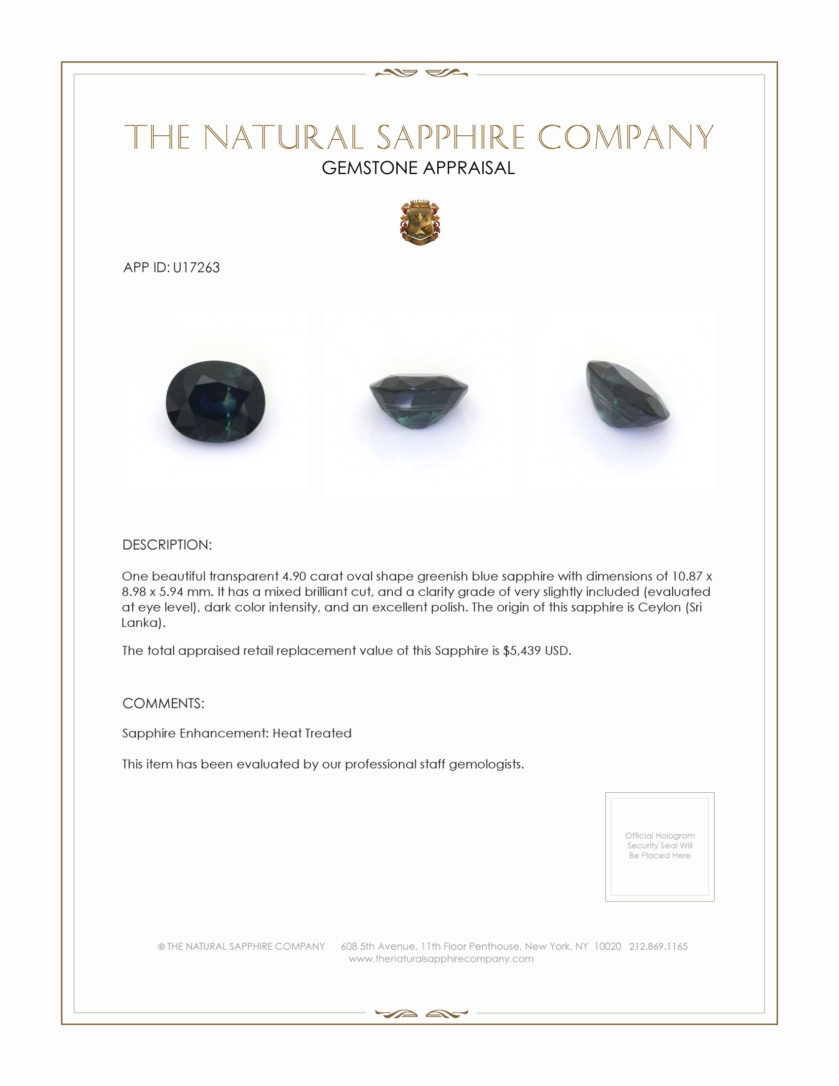4.90 Ct. Greenish Blue Sapphire from Ceylon (Sri Lanka)
