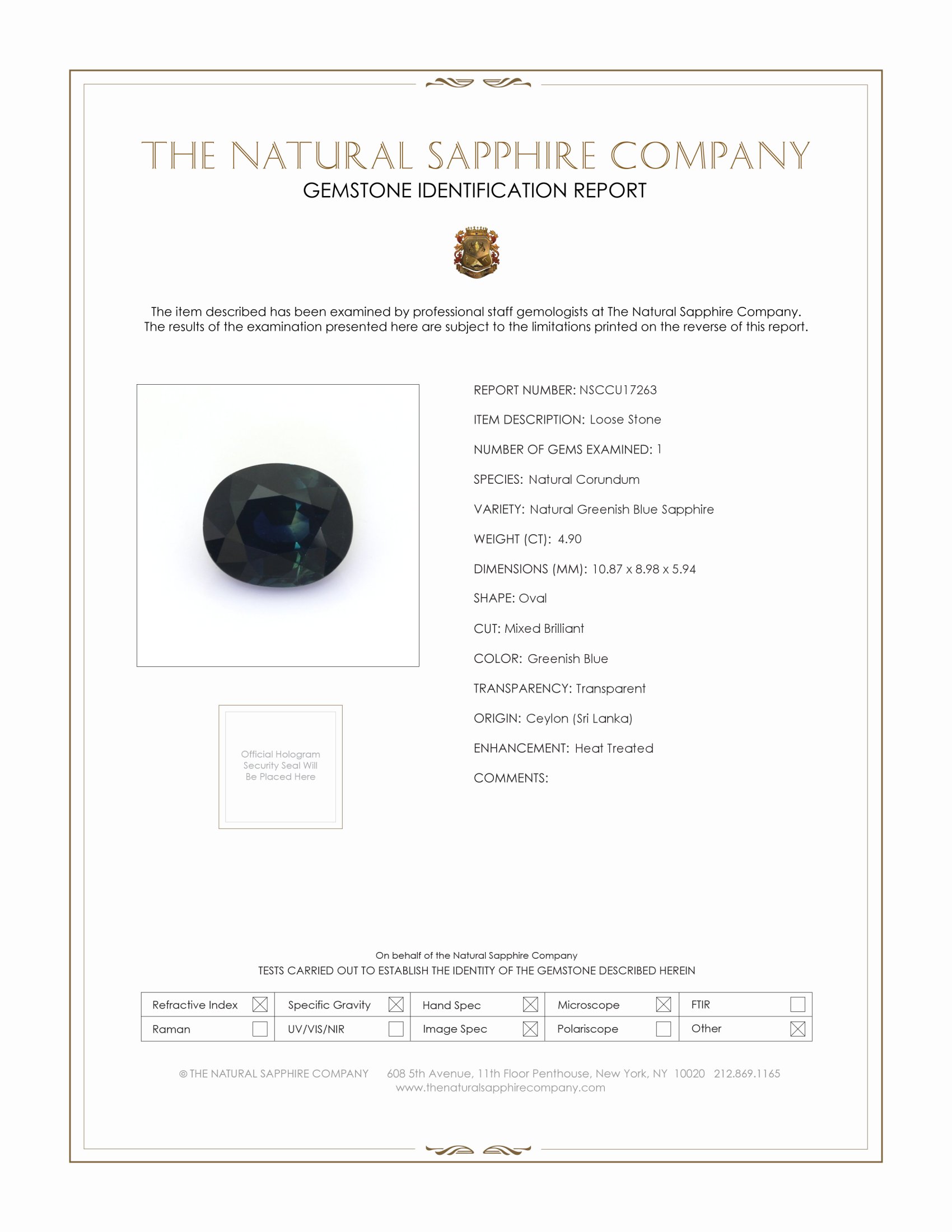 4.90 Ct. Greenish Blue Sapphire from Ceylon (Sri Lanka)