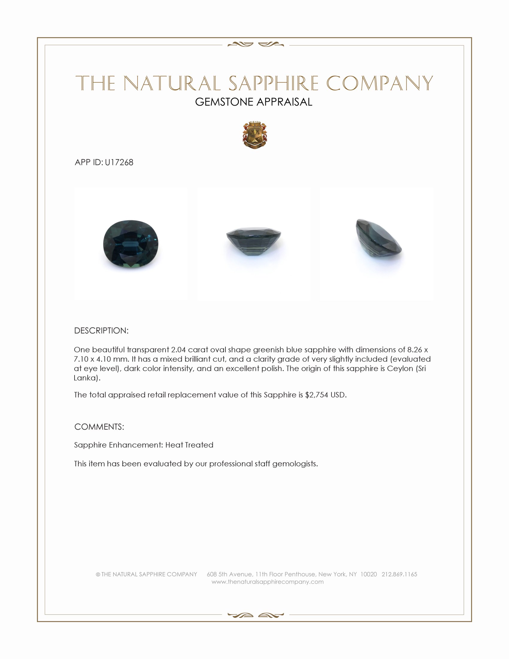 2.04 Ct. Greenish Blue Sapphire from Ceylon (Sri Lanka)