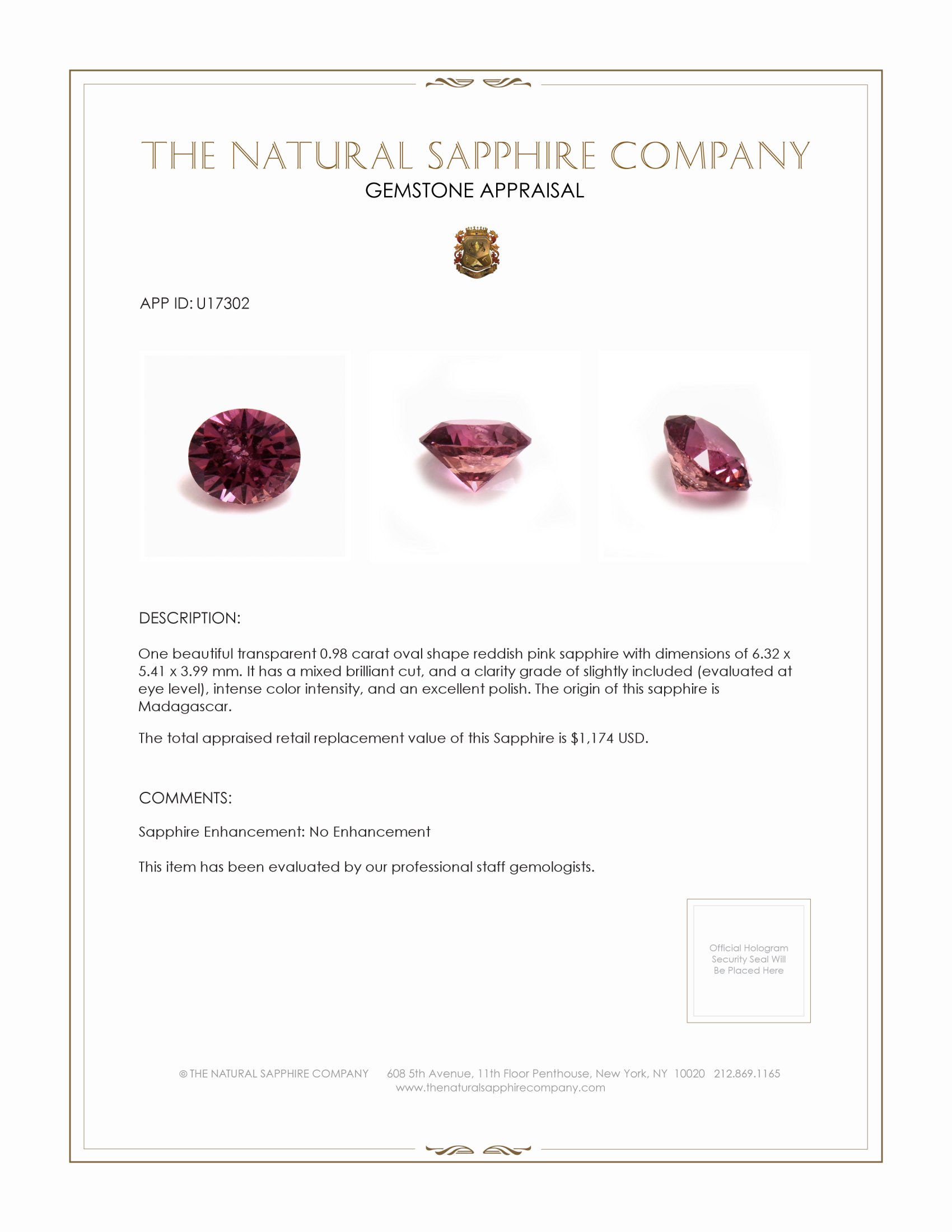 0.98 Ct. Reddish Pink Sapphire from Madagascar