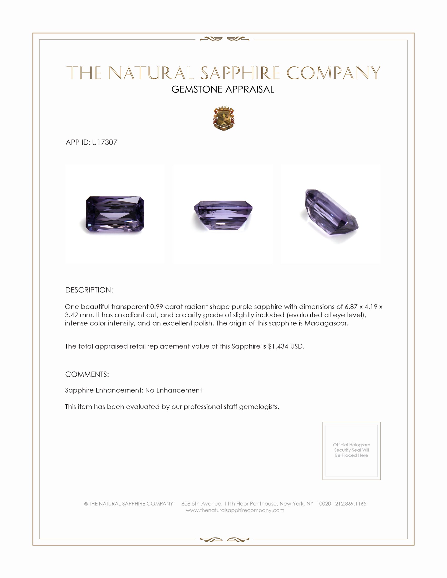 0.99 Ct. Purple Sapphire from Madagascar