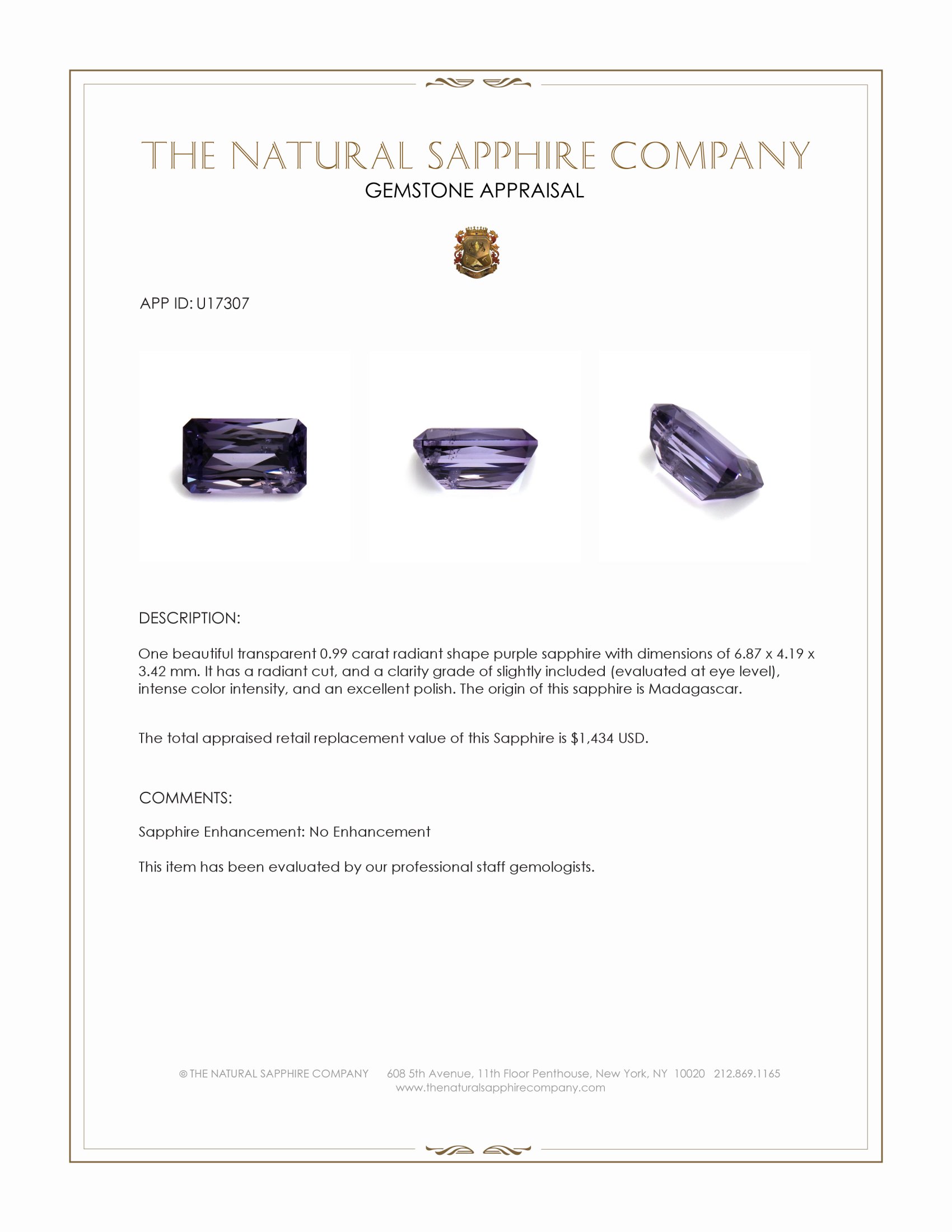 0.99 Ct. Purple Sapphire from Madagascar