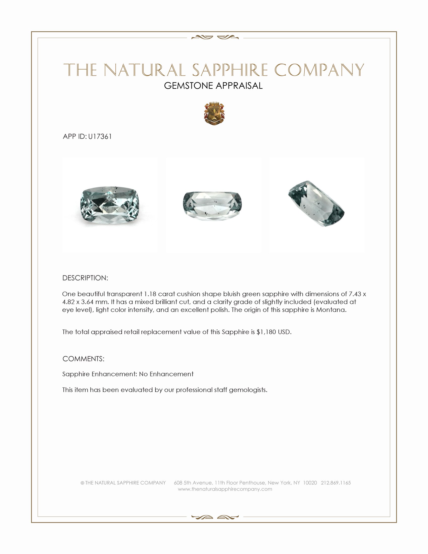 1.18 Ct. Bluish Green Sapphire from Montana