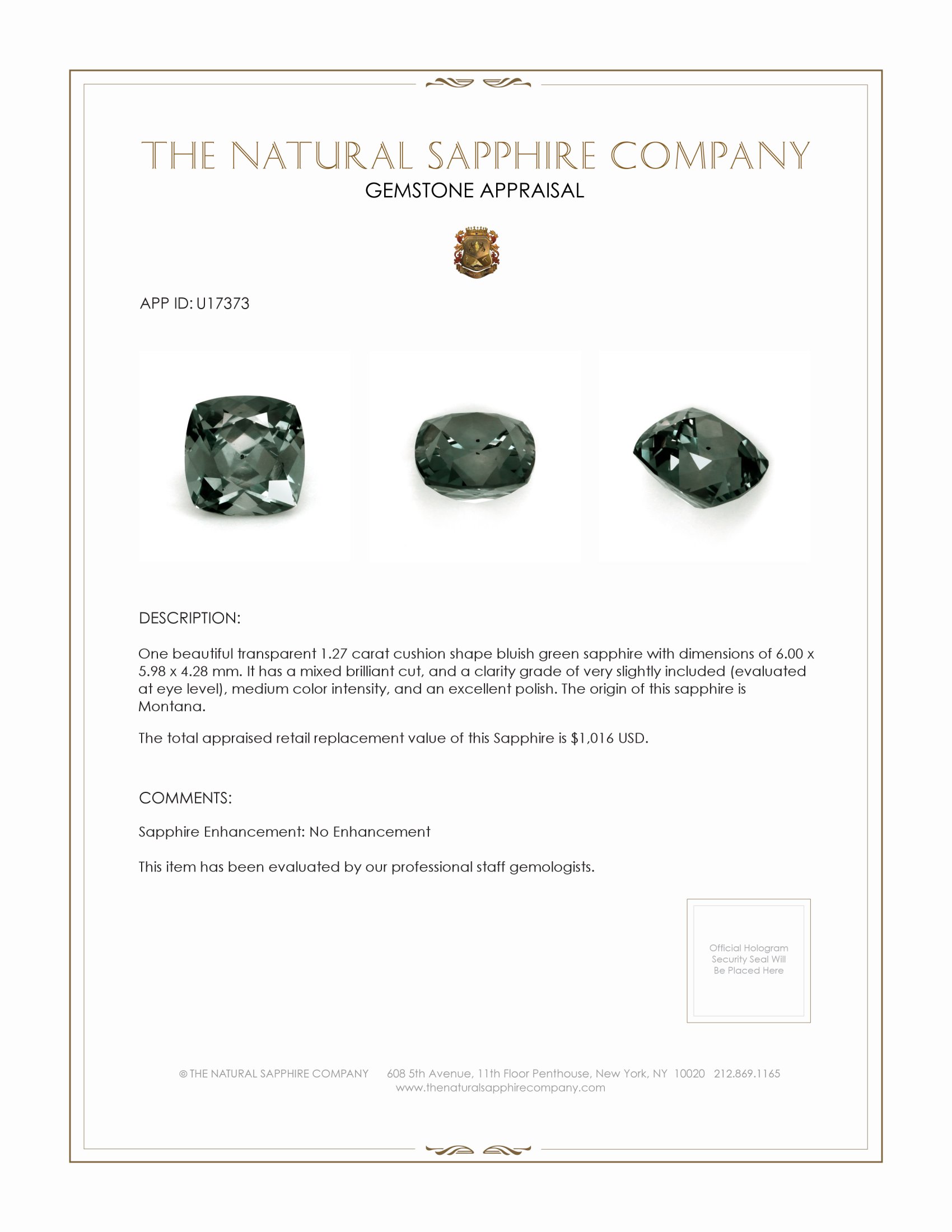 1.27 Ct. Bluish Green Sapphire from Montana