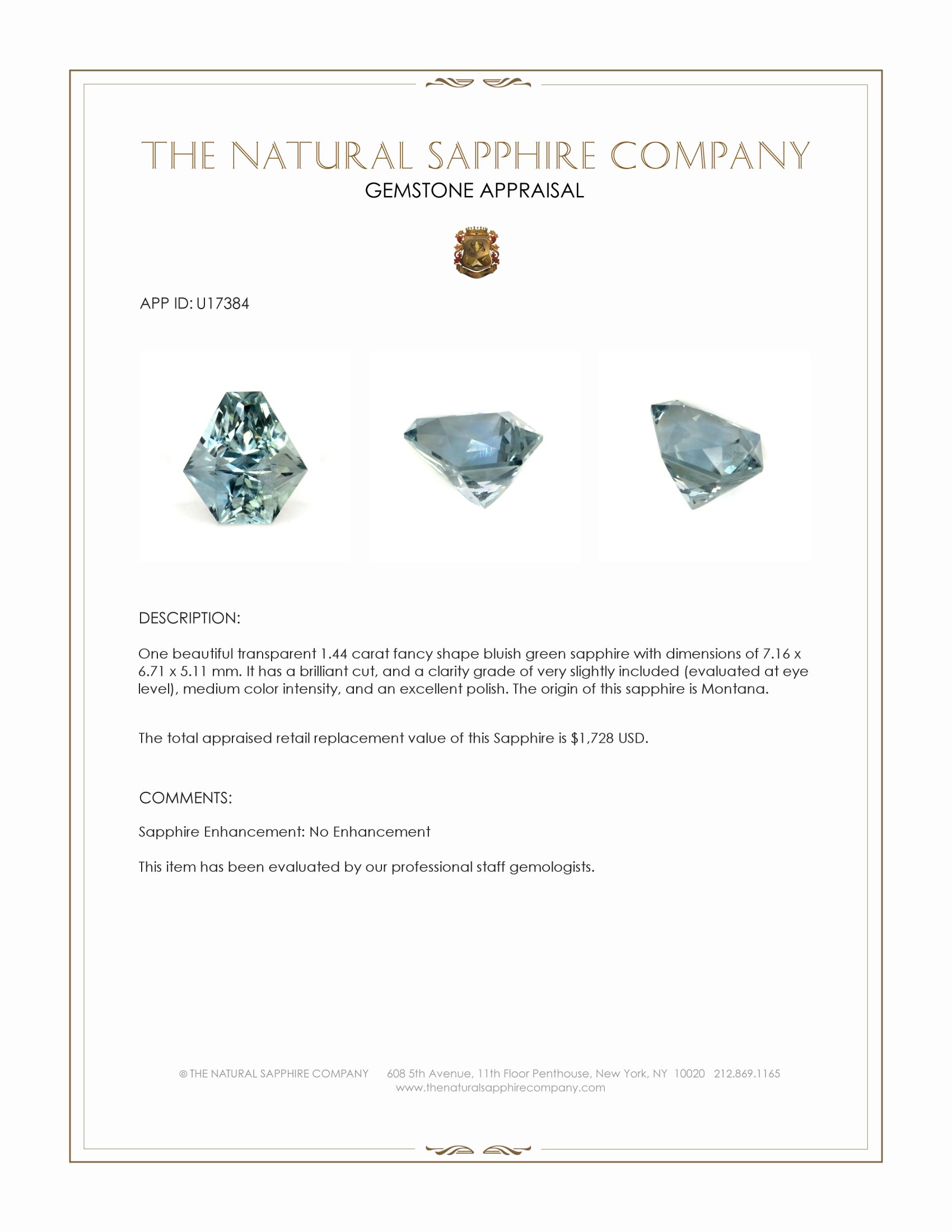 1.44 Ct. Bluish Green Sapphire from Montana