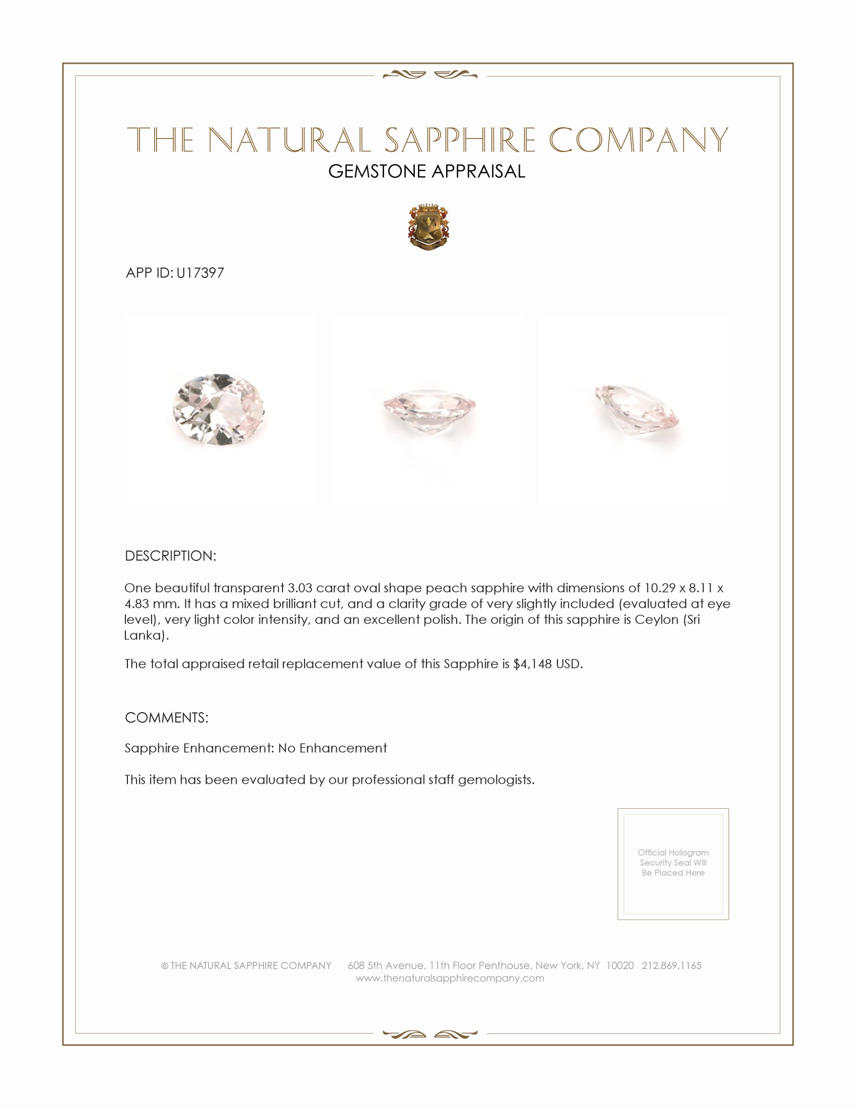 3.03 Ct. Peach Sapphire from Ceylon (Sri Lanka)