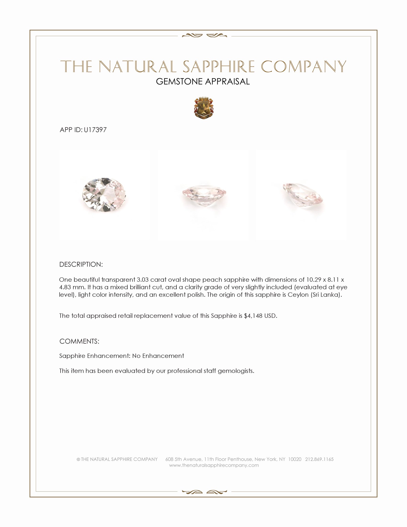 3.03 Ct. Peach Sapphire from Ceylon (Sri Lanka)