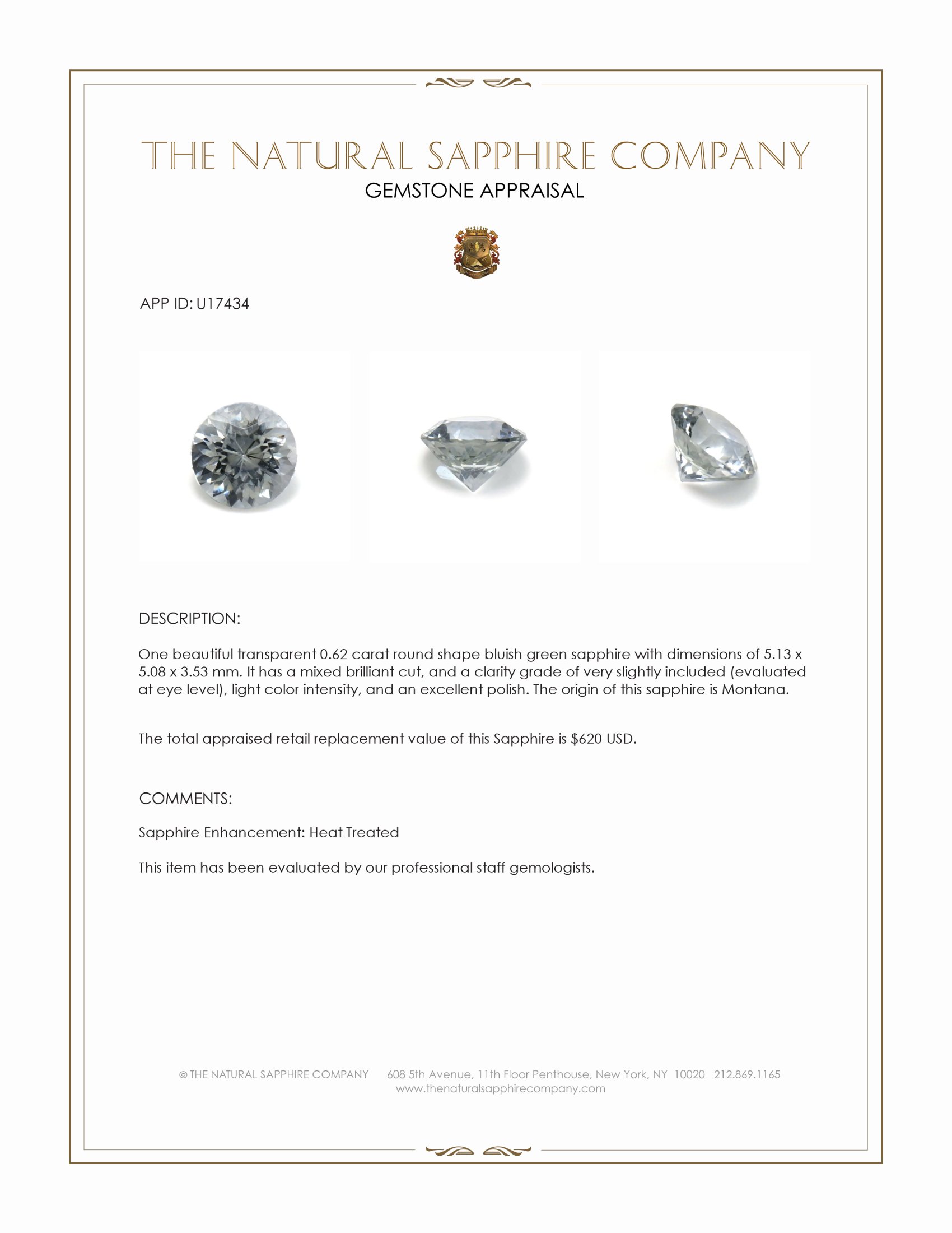 0.62 Ct. Bluish Green Sapphire from Montana