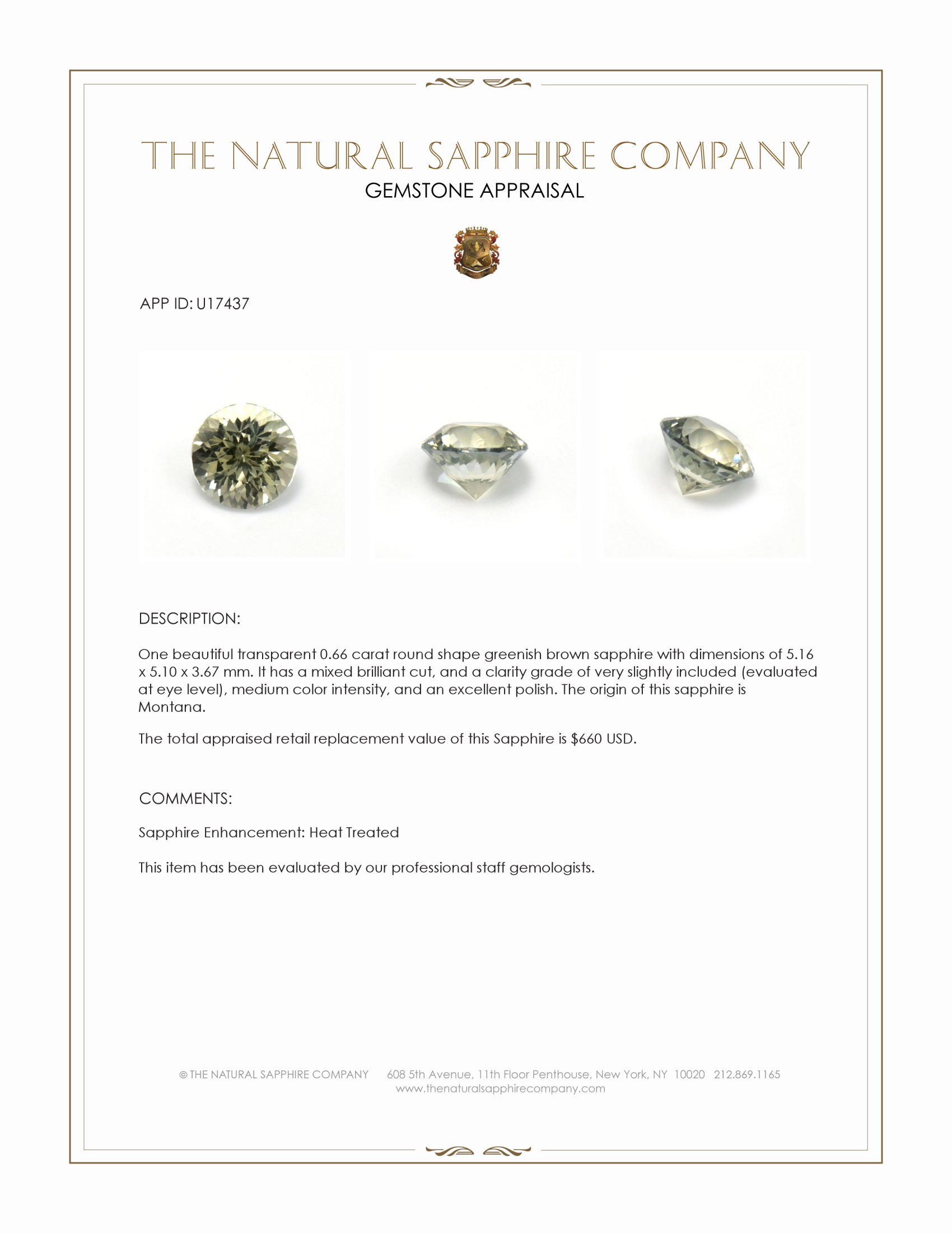 0.66 Ct. Greenish Brown Sapphire from Montana