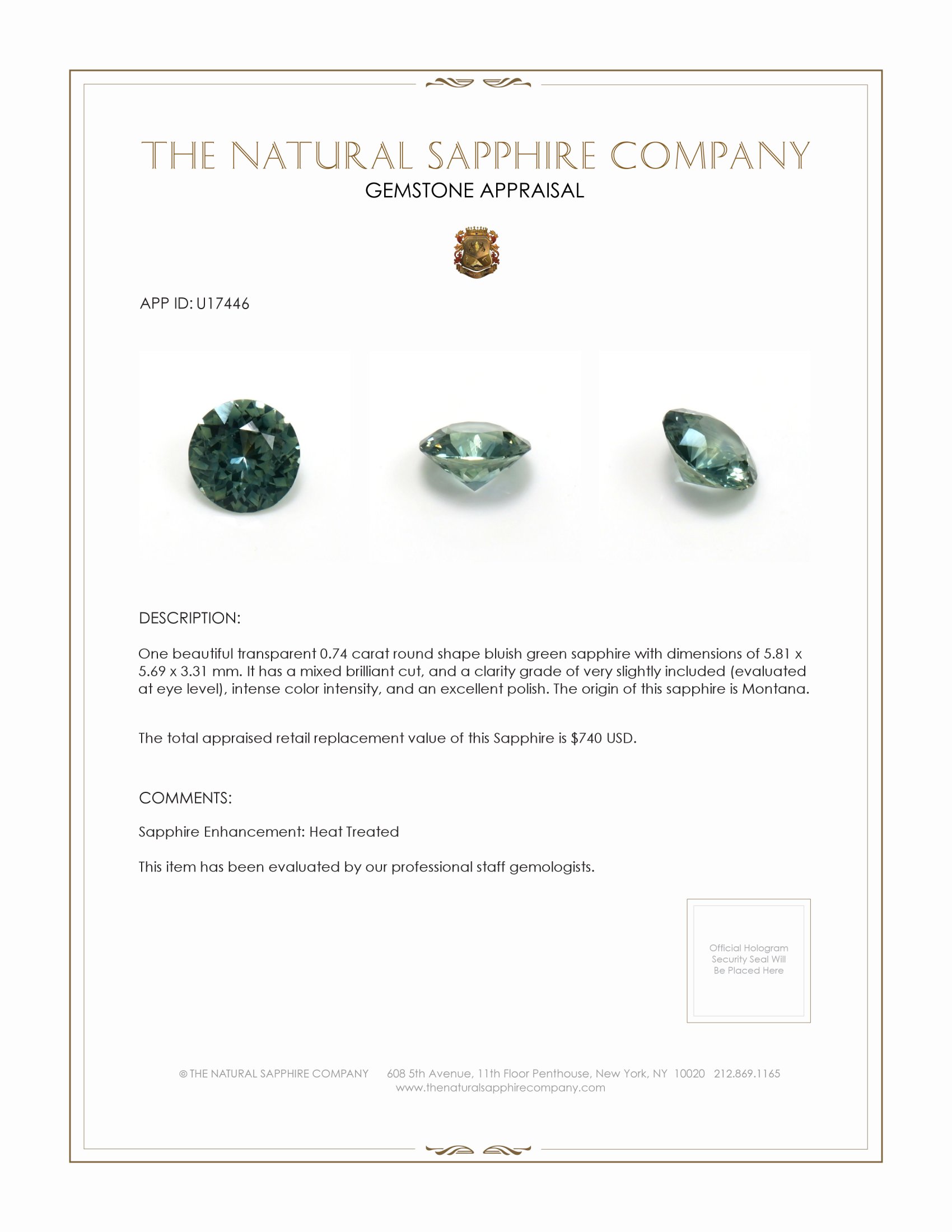 0.74 Ct. Bluish Green Sapphire from Montana