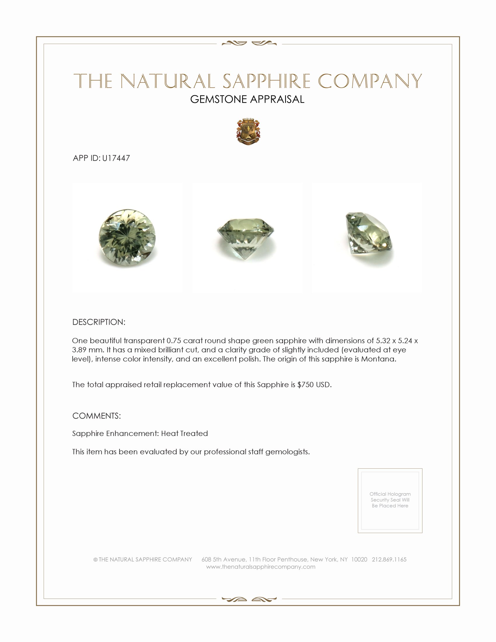 0.75 Ct. Green Sapphire from Montana