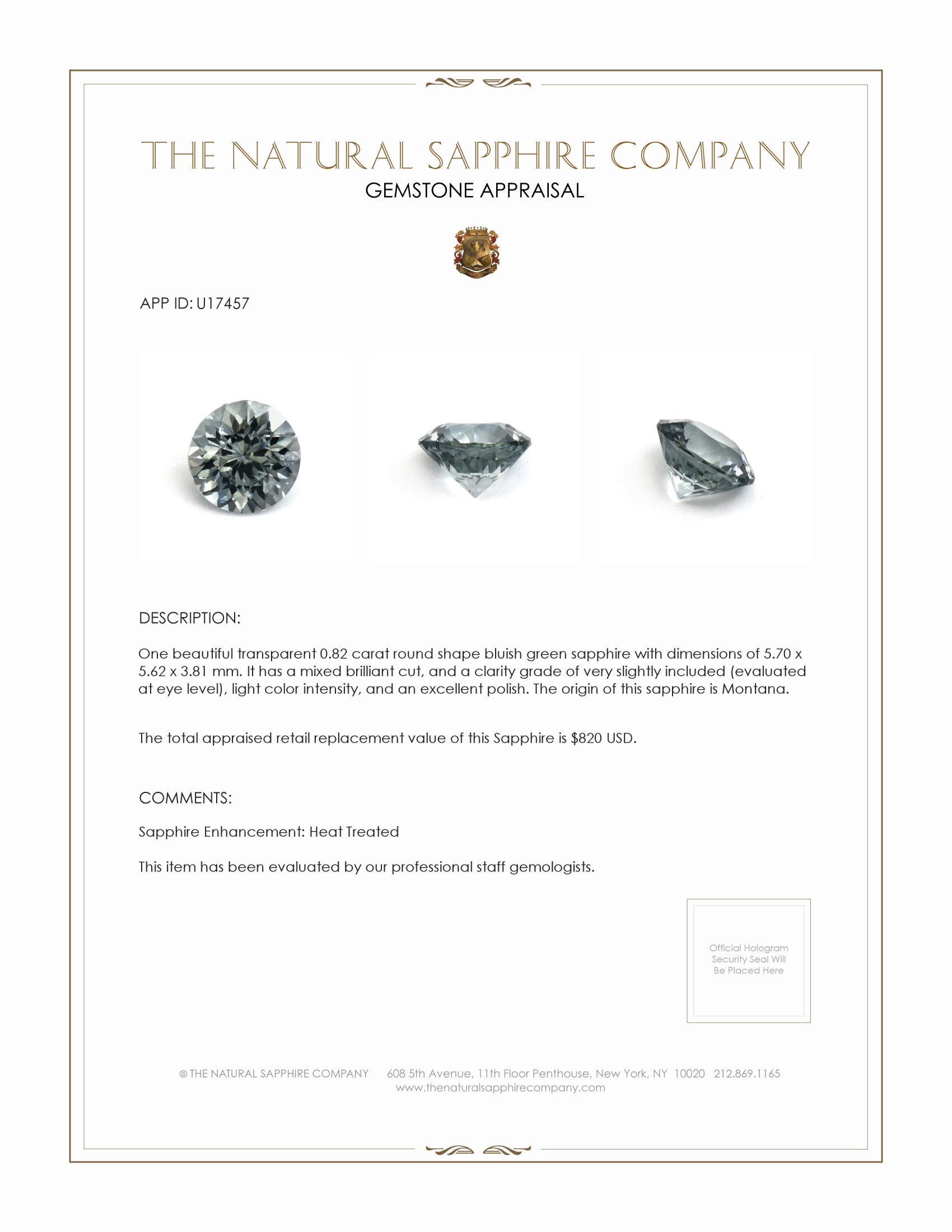 0.82 Ct. Bluish Green Sapphire from Montana