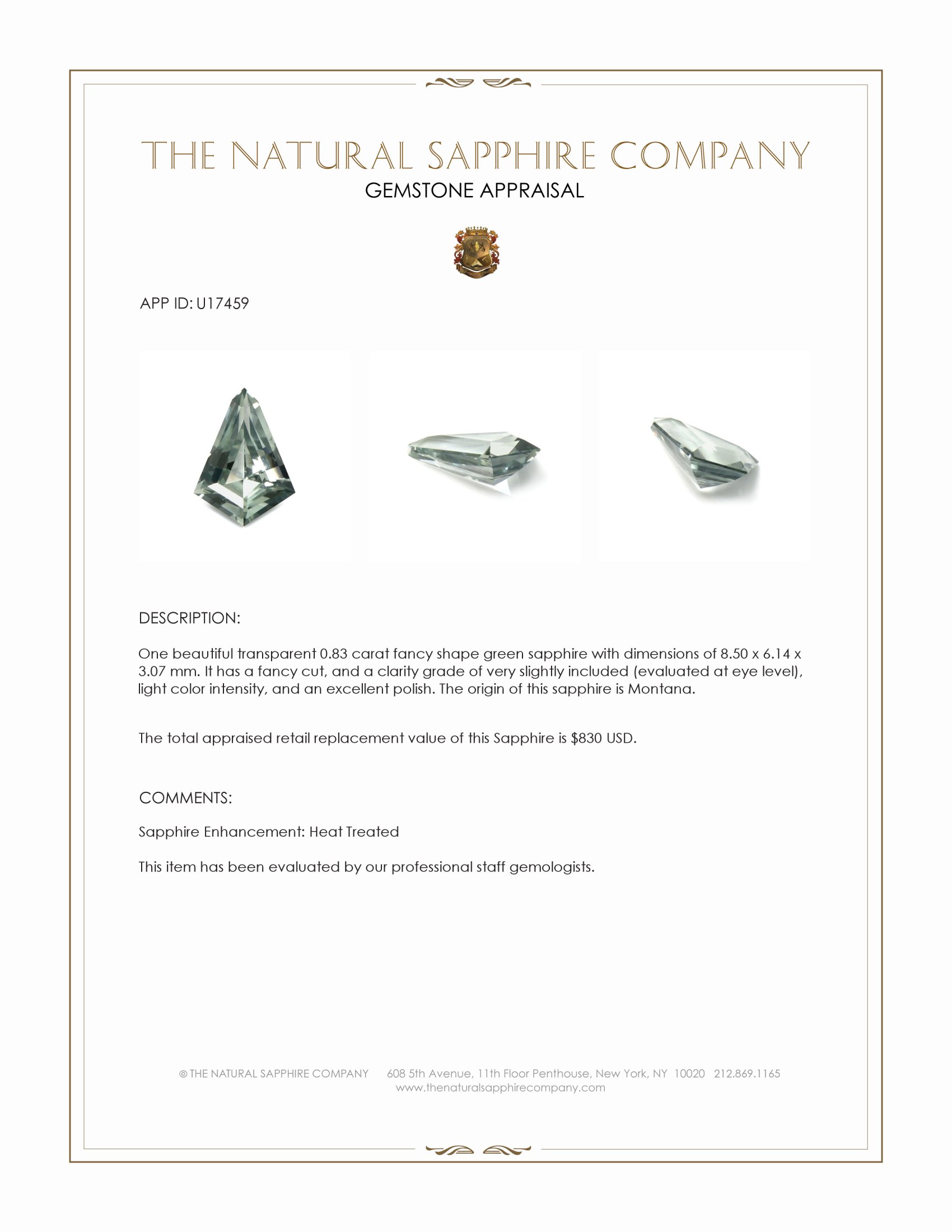 0.83 Ct. Green Sapphire from Montana