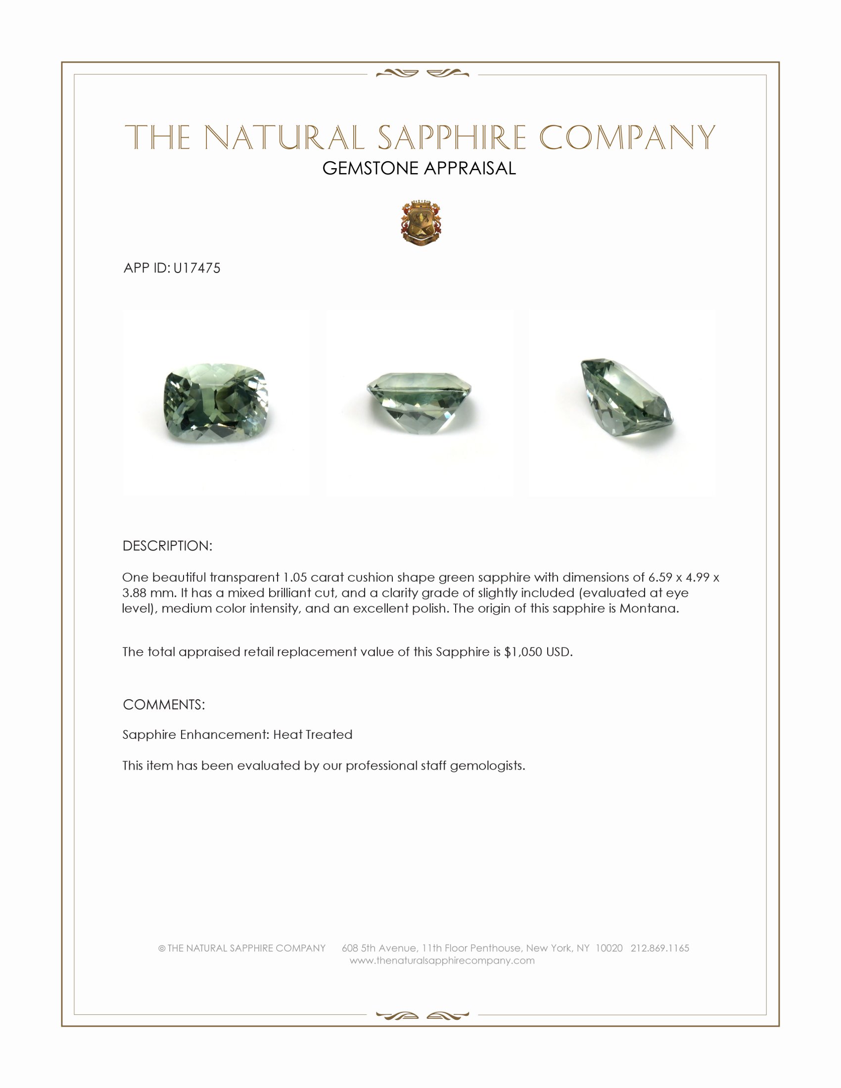 1.05 Ct. Green Sapphire from Montana
