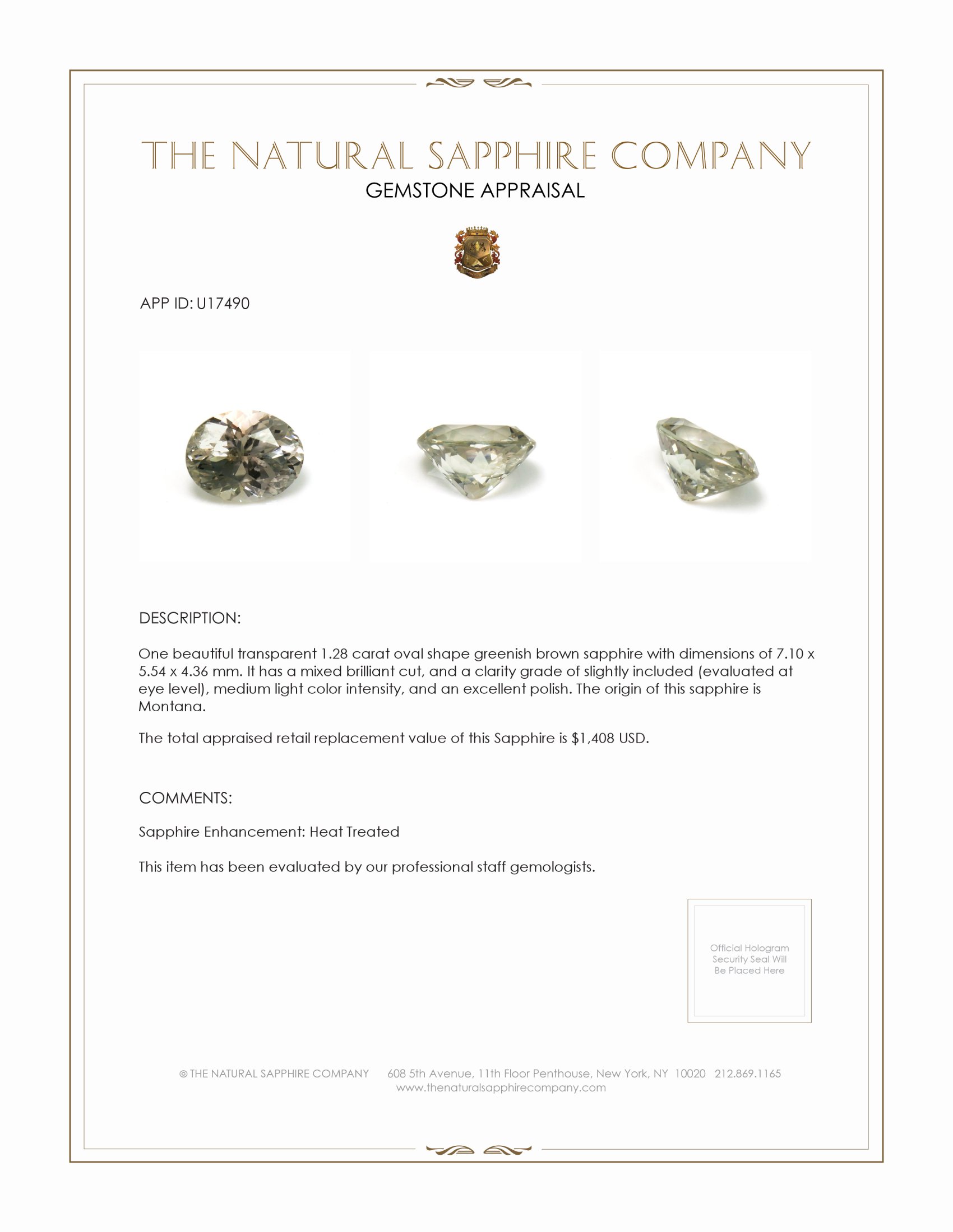 1.28 Ct. Greenish Brown Sapphire from Montana