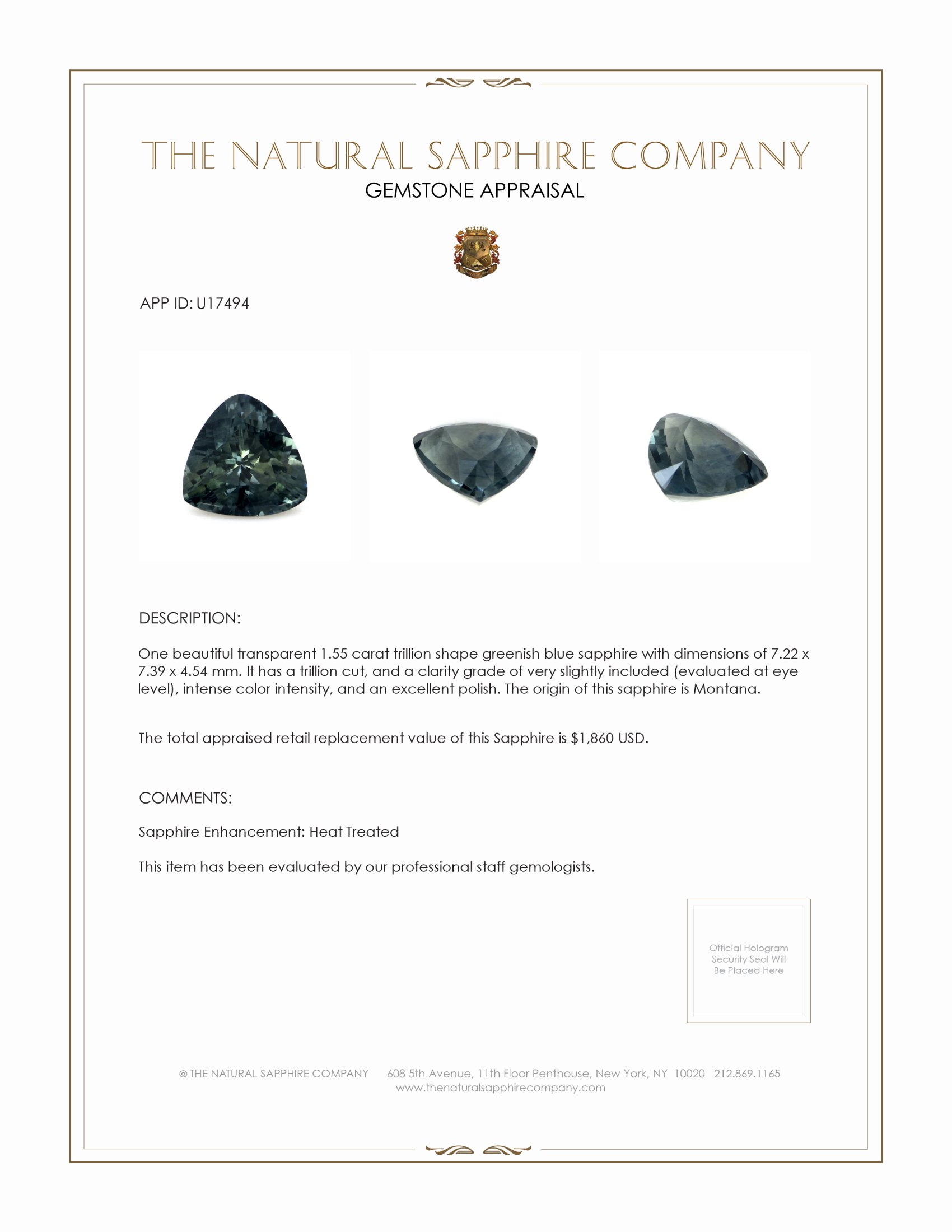 1.55 Ct. Greenish Blue Sapphire from Montana