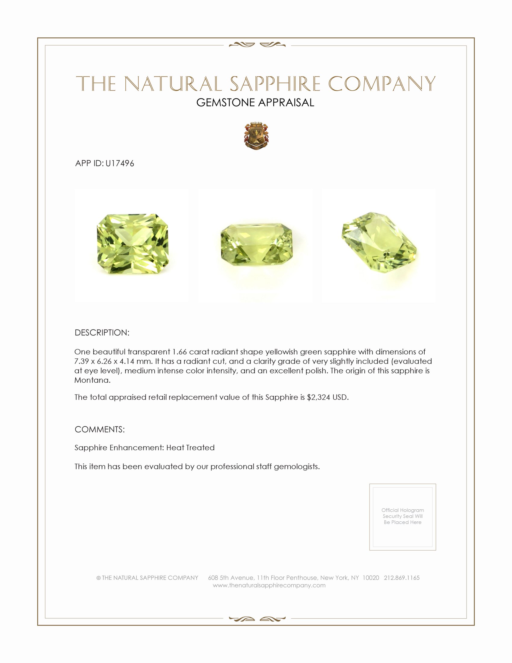 1.66 Ct. Yellowish Green Sapphire from Montana
