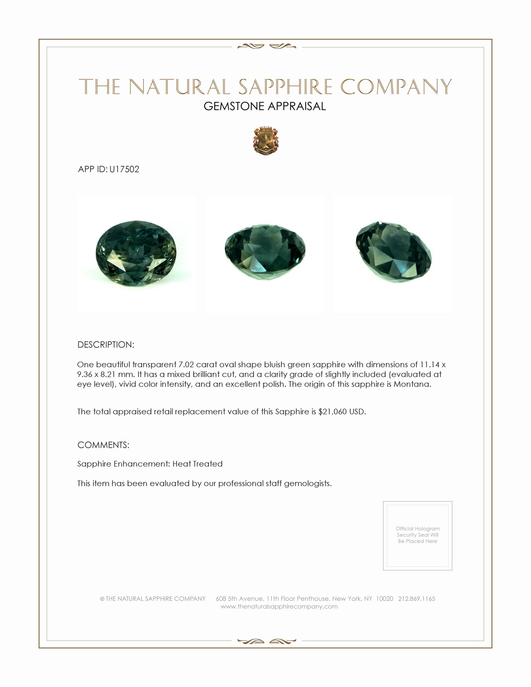 7.02 Ct. Bluish Green Sapphire from Montana