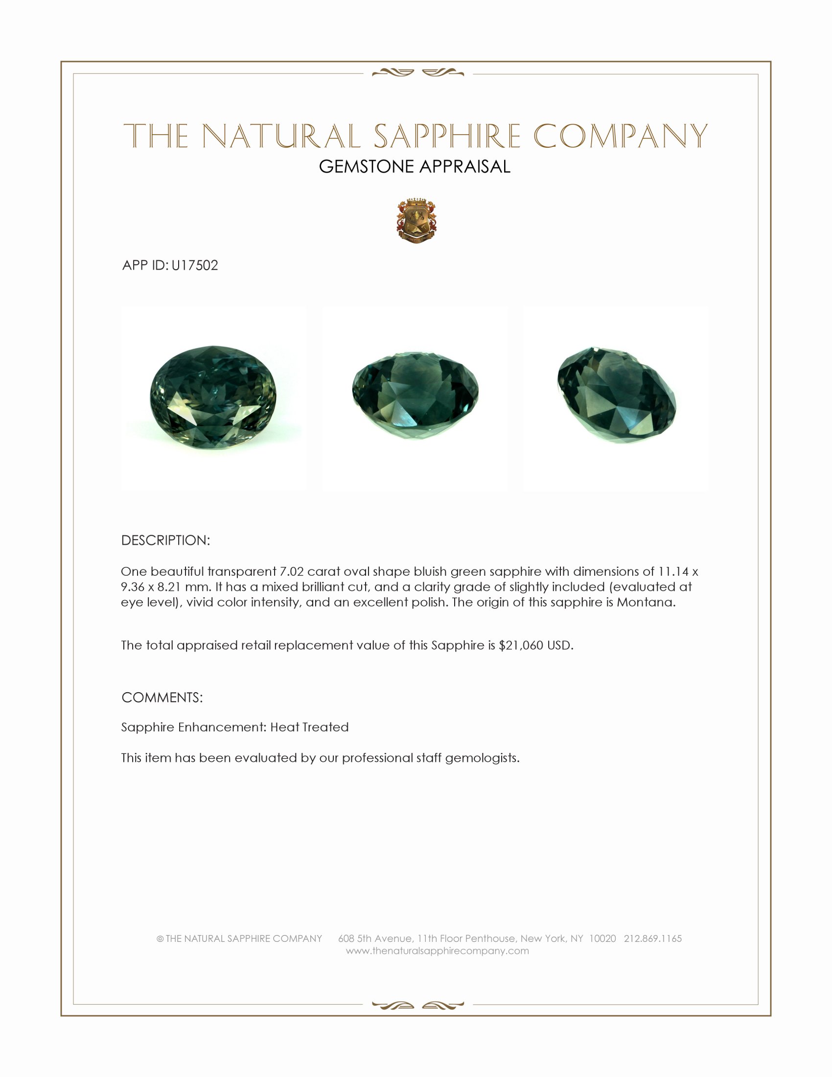 7.02 Ct. Bluish Green Sapphire from Montana