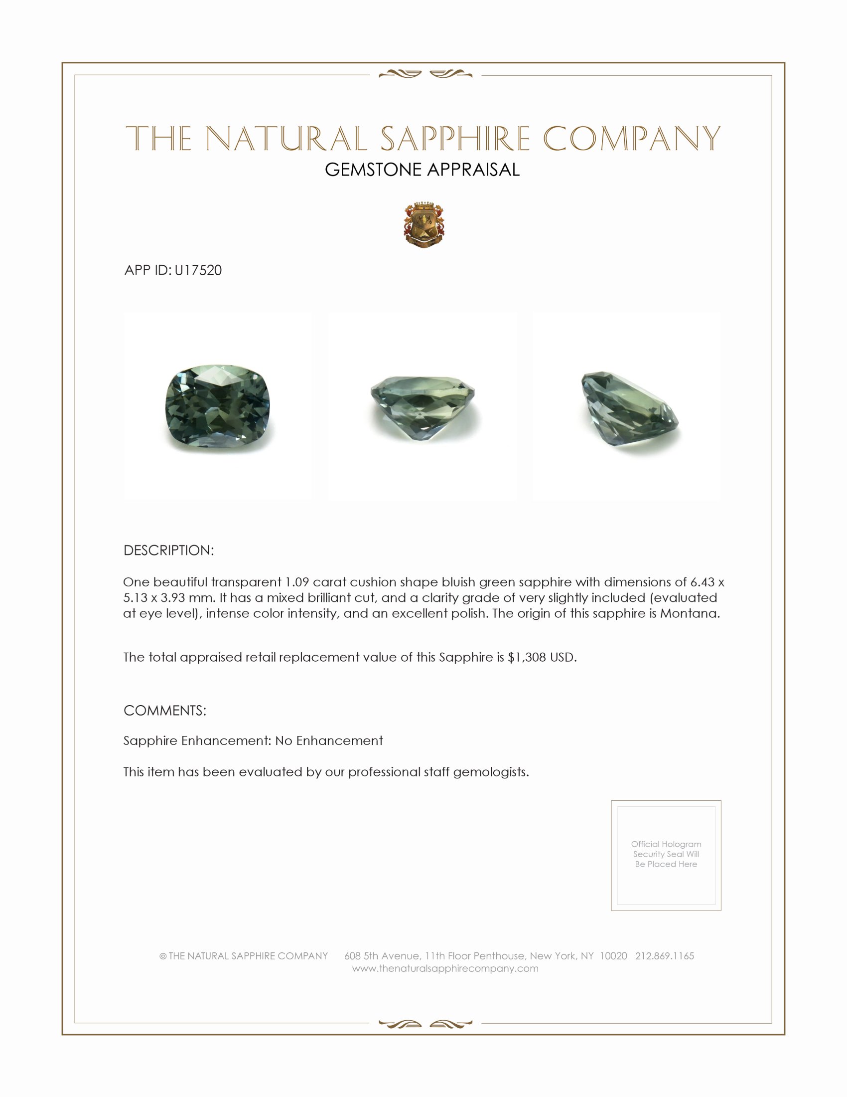1.09 Ct. Bluish Green Sapphire from Montana