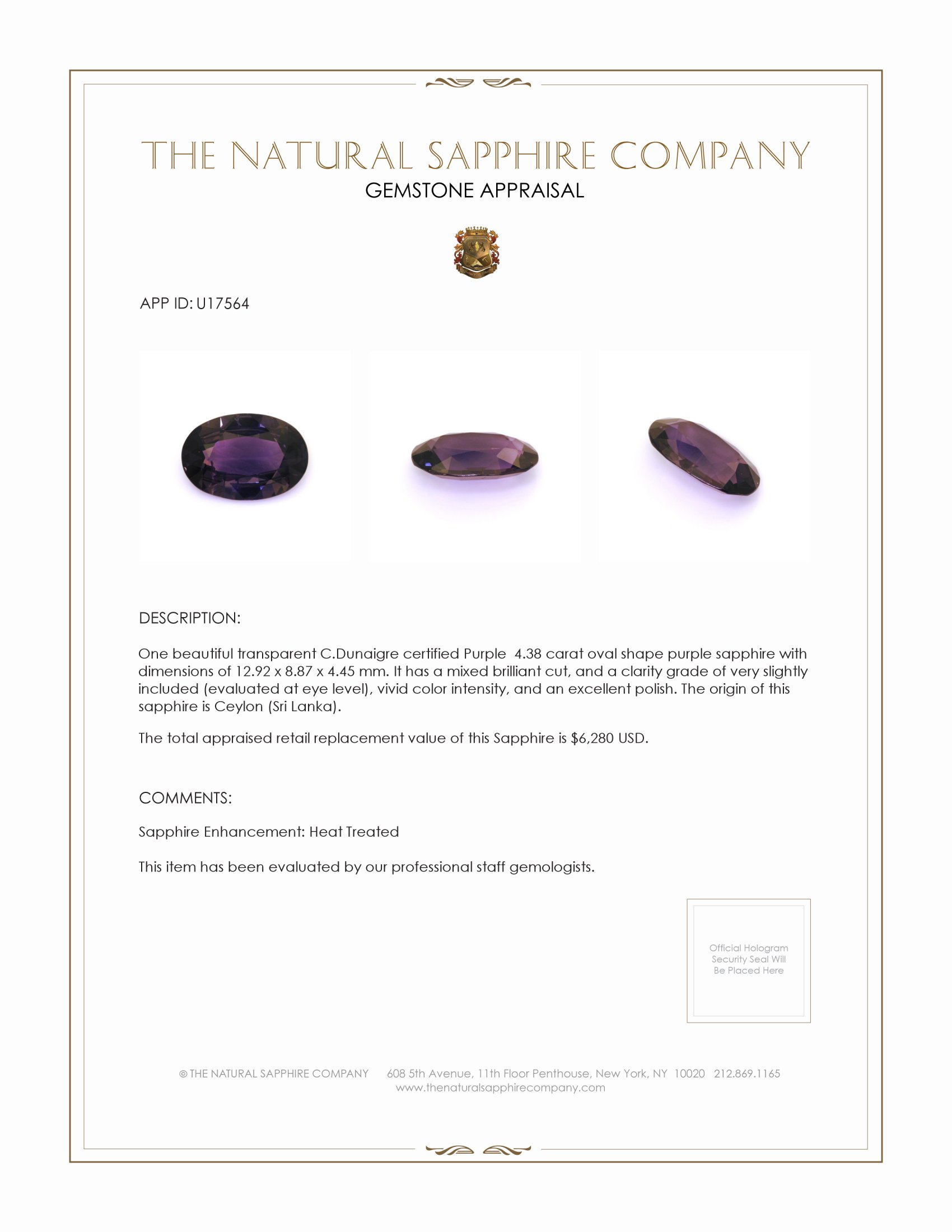 4.38 Ct. Purple Sapphire from Ceylon (Sri Lanka)
