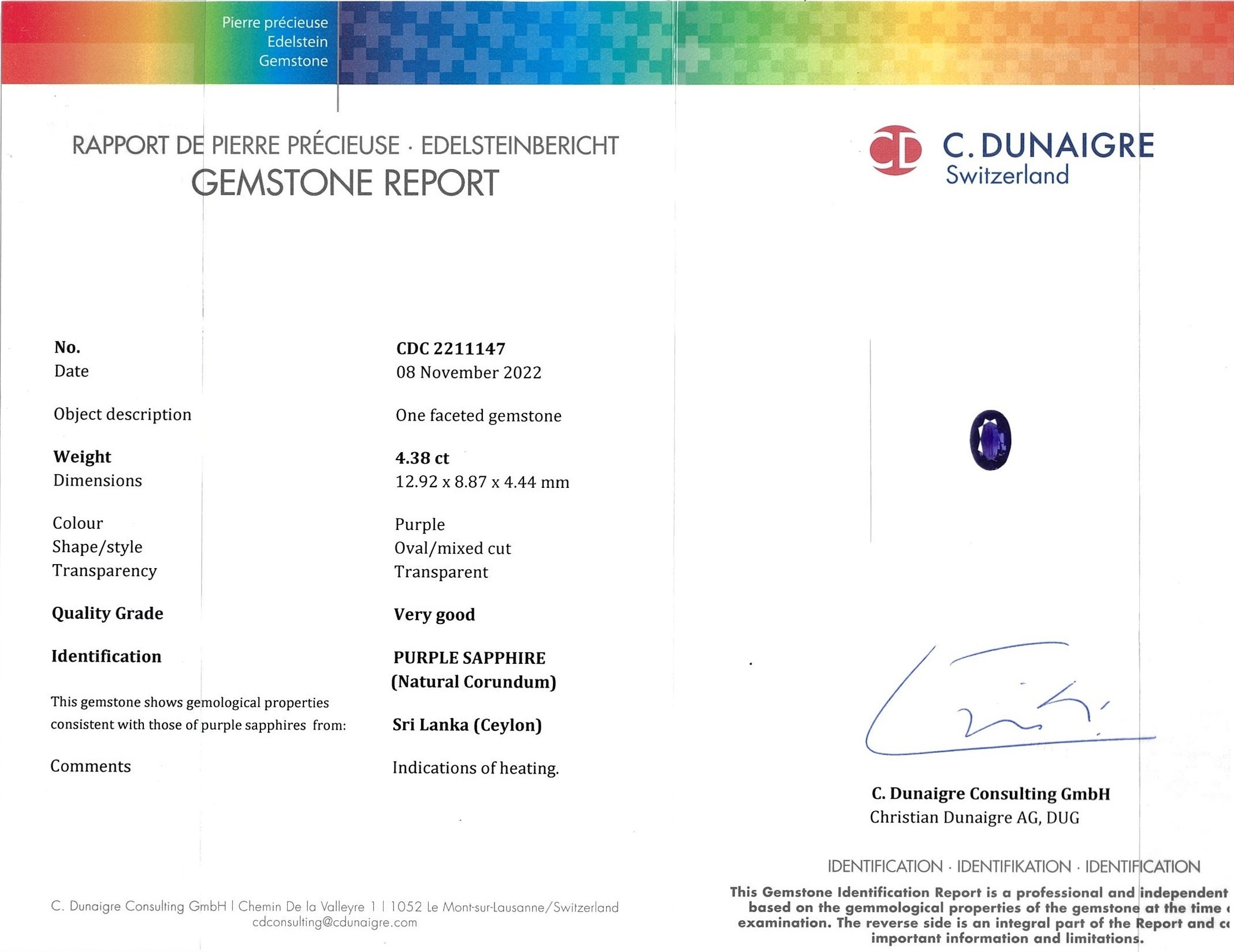 4.38 Ct. Purple Sapphire from Ceylon (Sri Lanka)