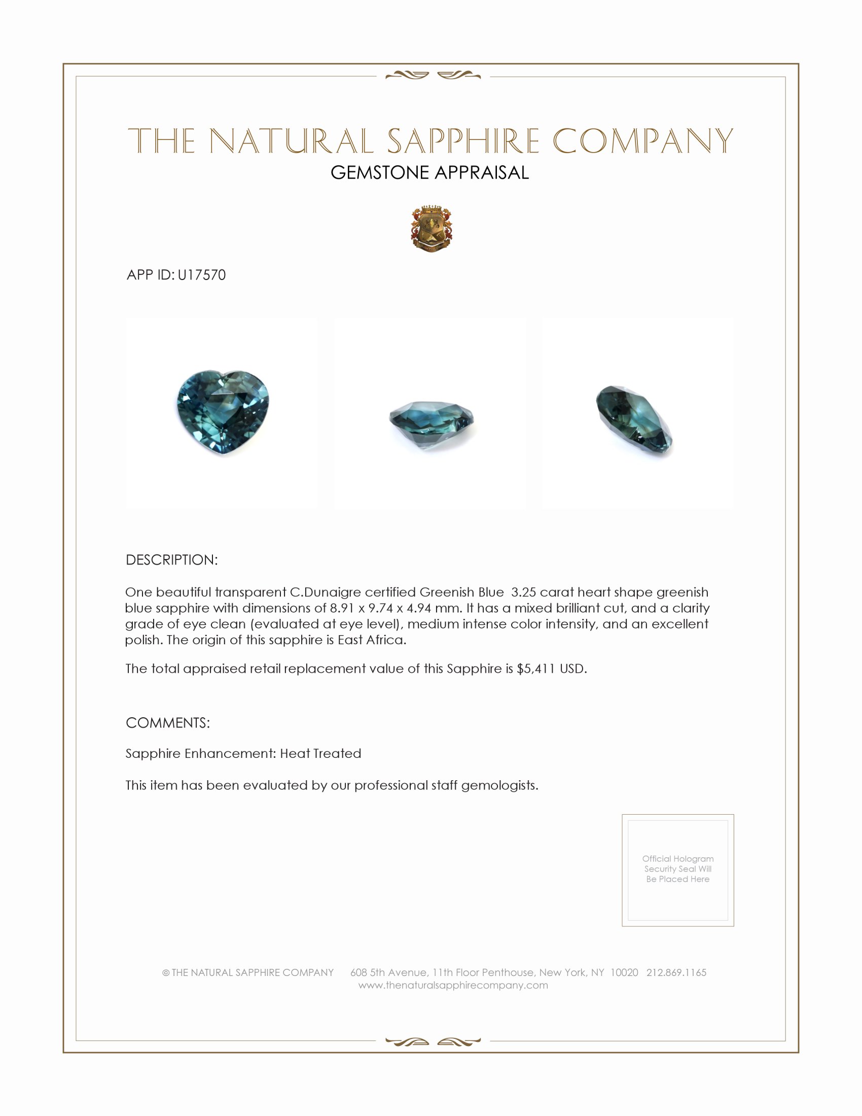 3.25 Ct. Bluish Green Sapphire from East Africa