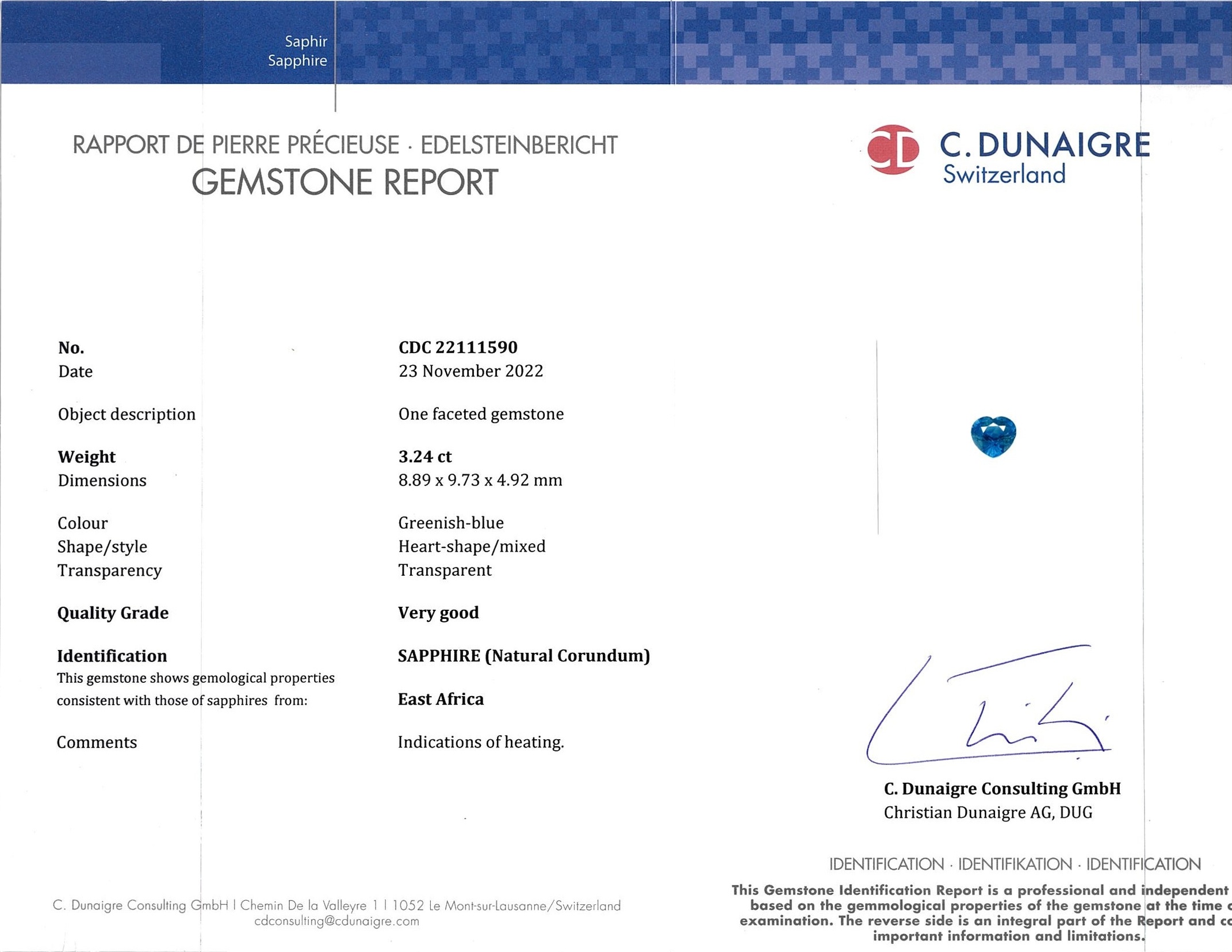 3.25 Ct. Greenish Blue Sapphire from East Africa