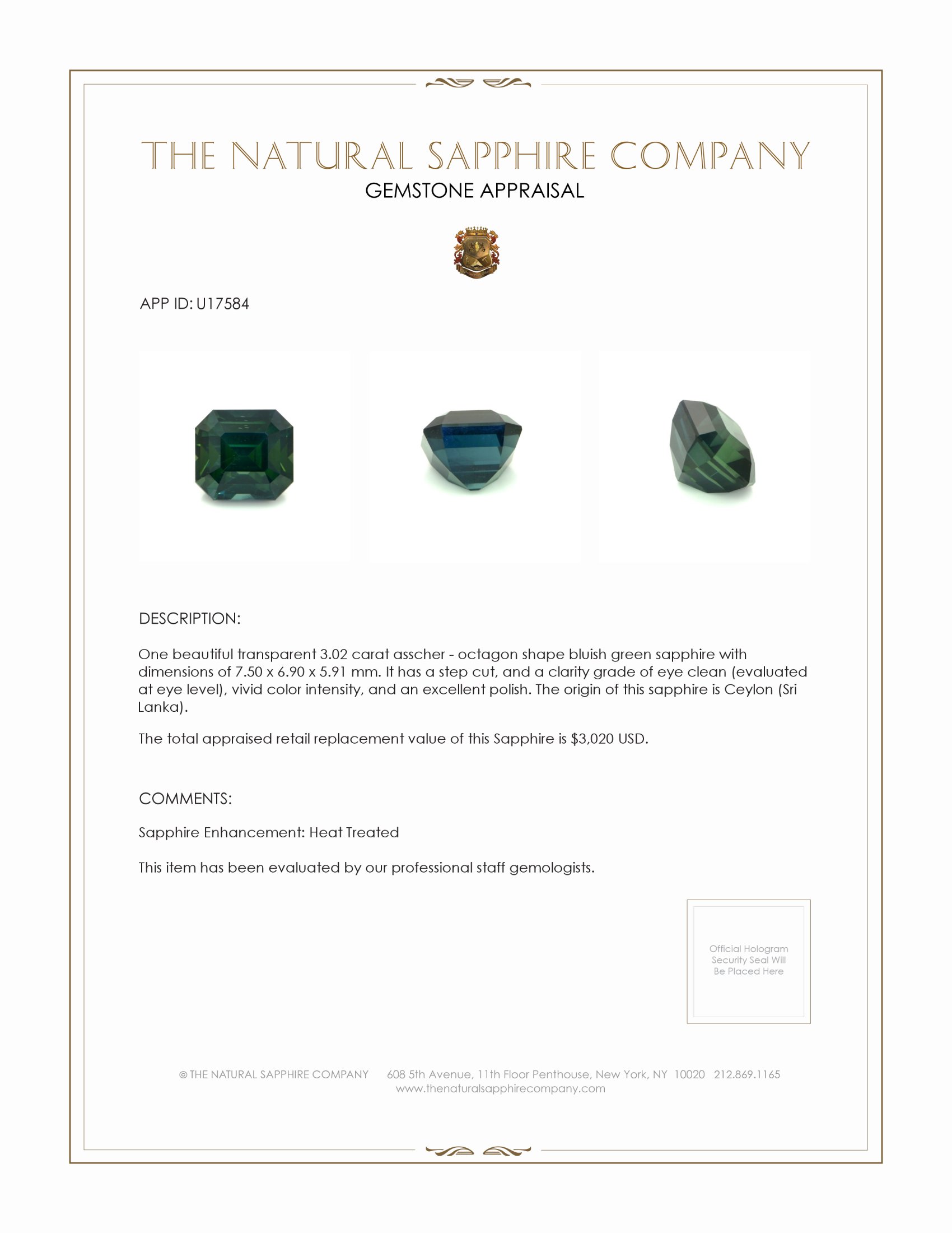 3.02 Ct. Bluish Green Sapphire from Ceylon (Sri Lanka)