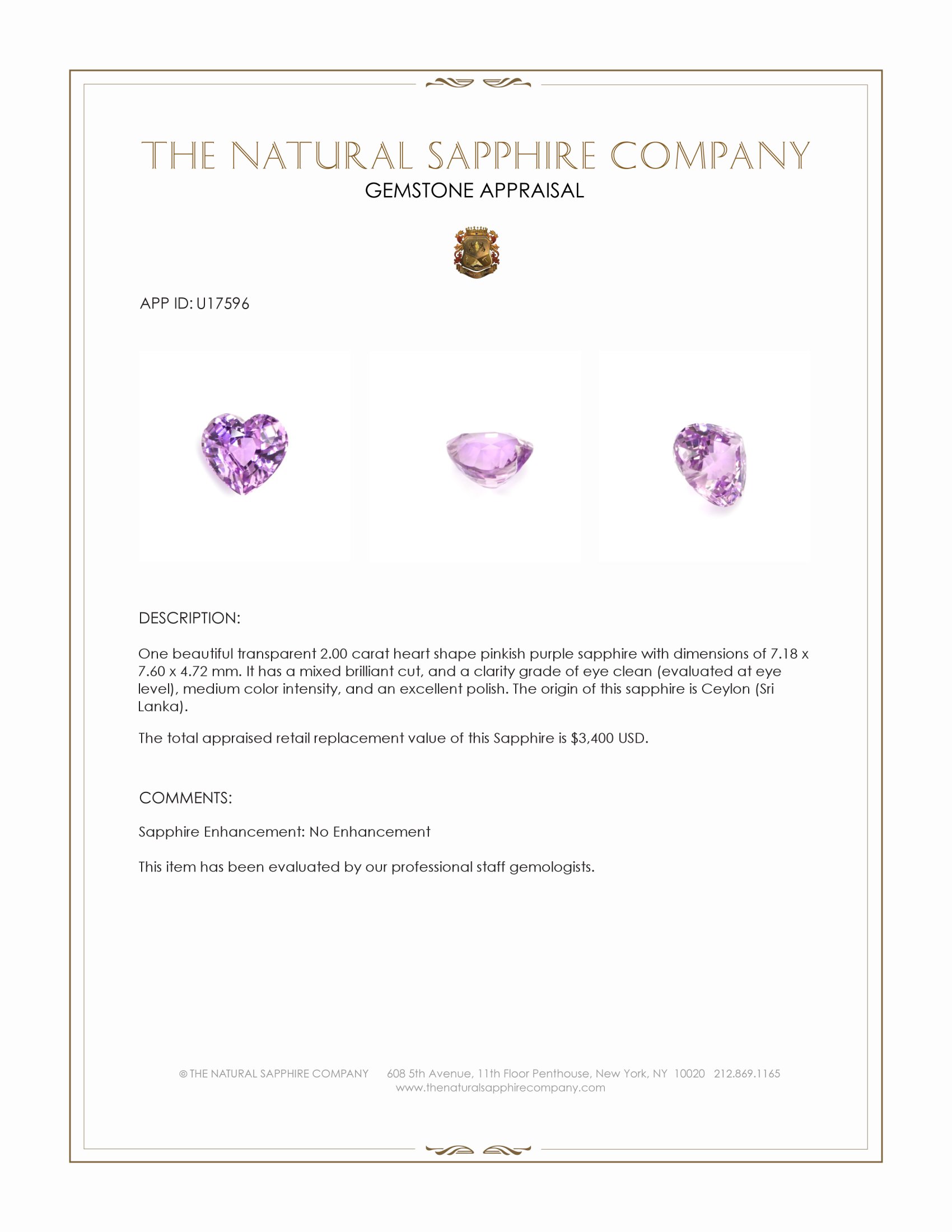 2.00 Ct. Pinkish Purple Sapphire from Ceylon (Sri Lanka)