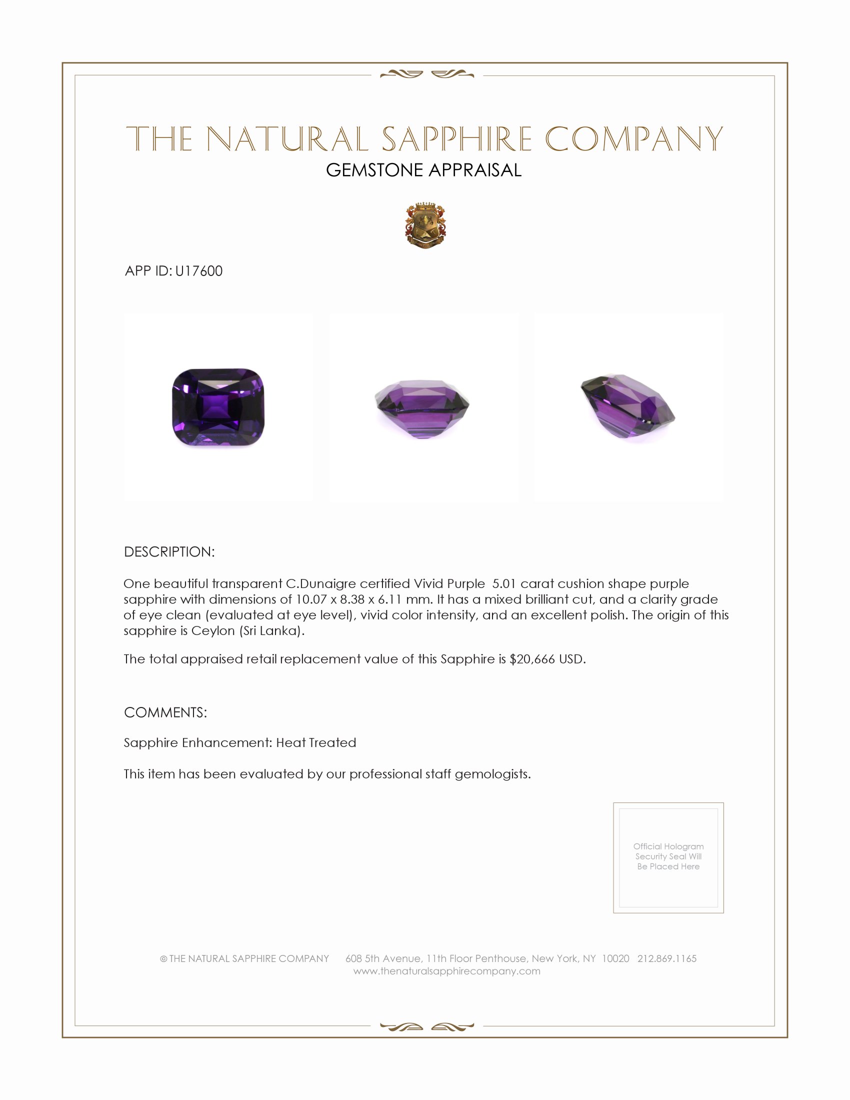 5.01 Ct. Purple Sapphire from Ceylon (Sri Lanka)