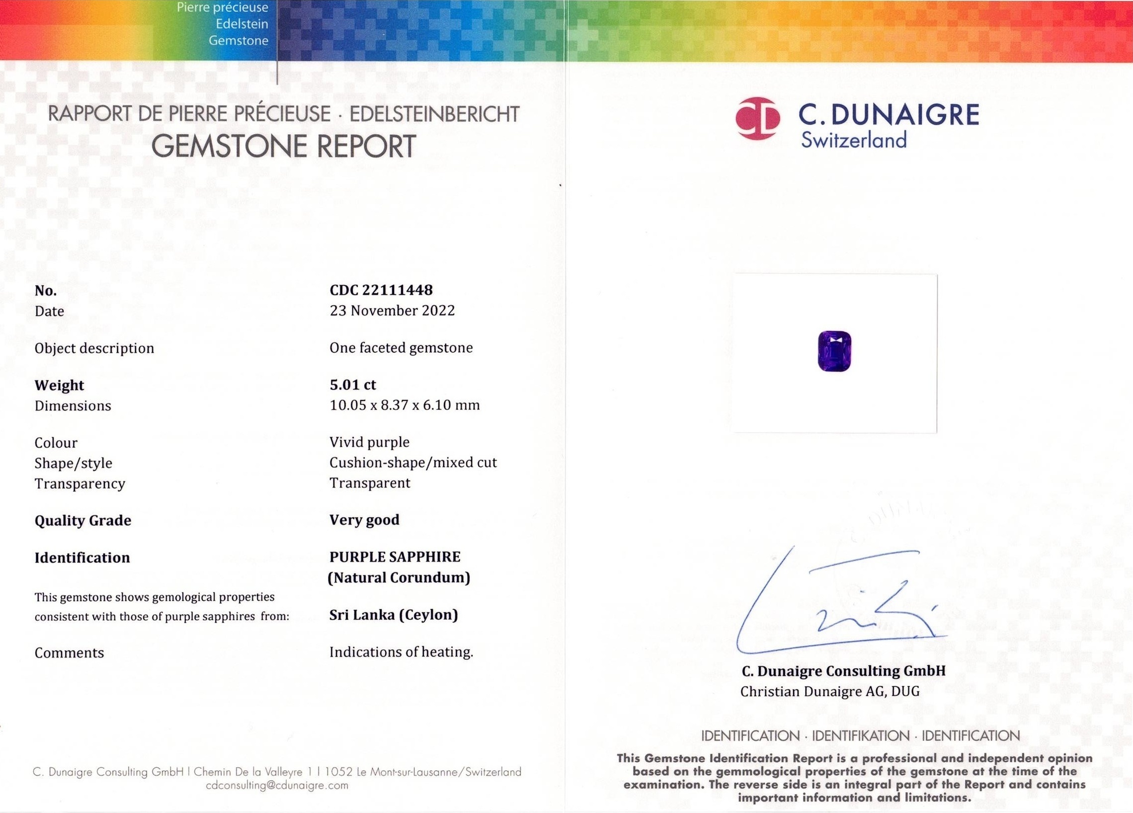 5.01 Ct. Purple Sapphire from Ceylon (Sri Lanka)