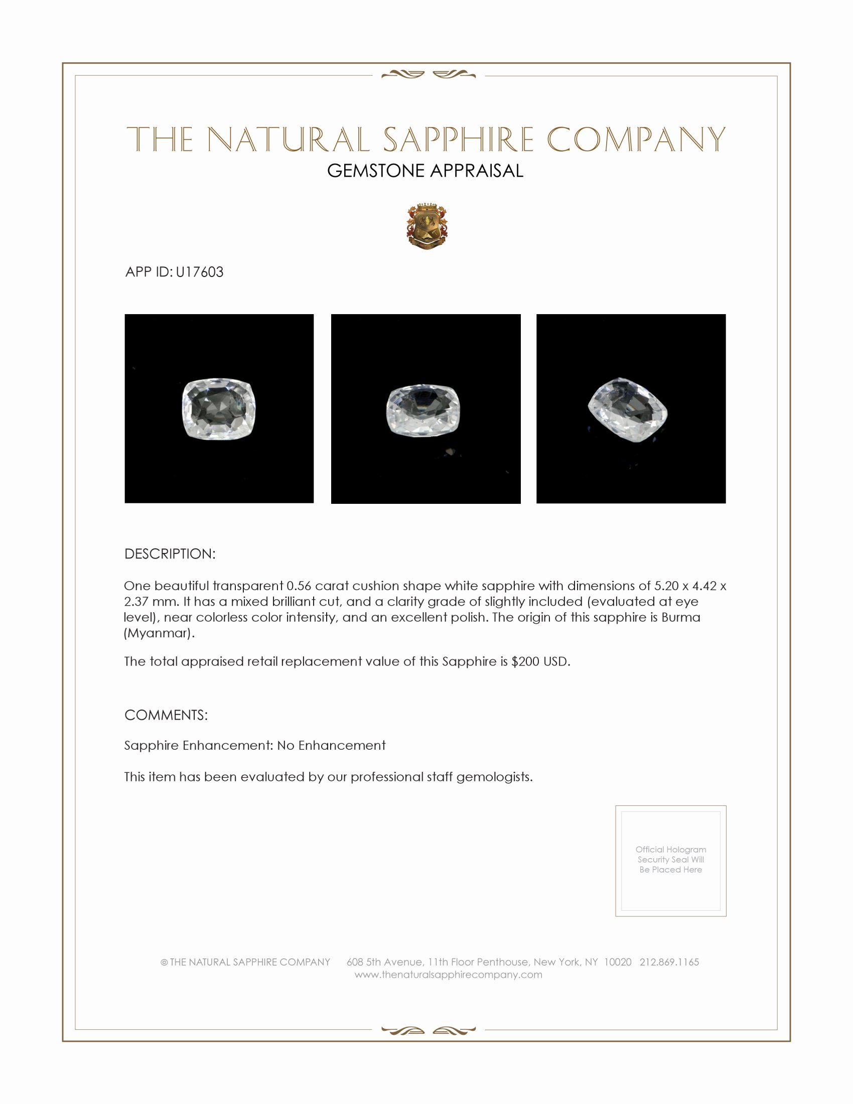 0.56 Ct. White Sapphire from Burma (Myanmar)