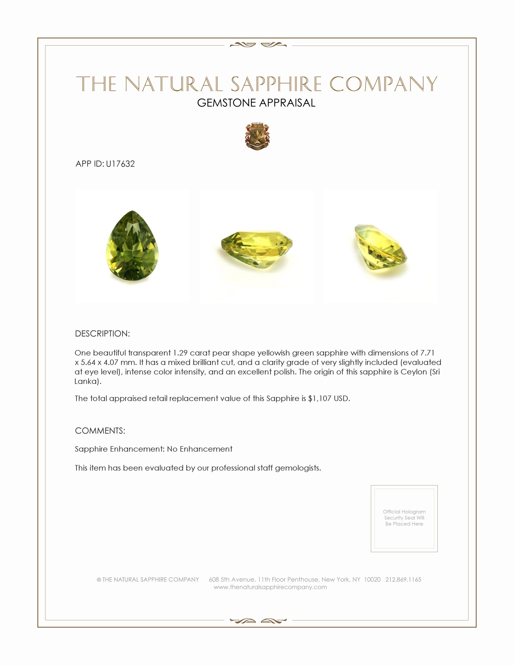 1.29 Ct. Yellowish Green Sapphire from Ceylon (Sri Lanka)
