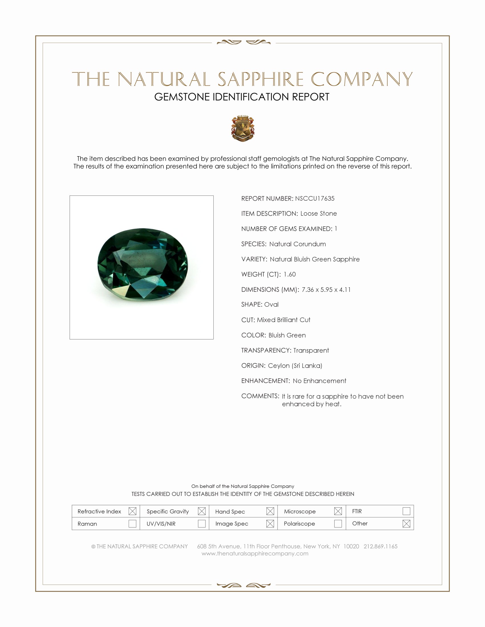 1.60 Ct. Bluish Green Sapphire from Ceylon (Sri Lanka)