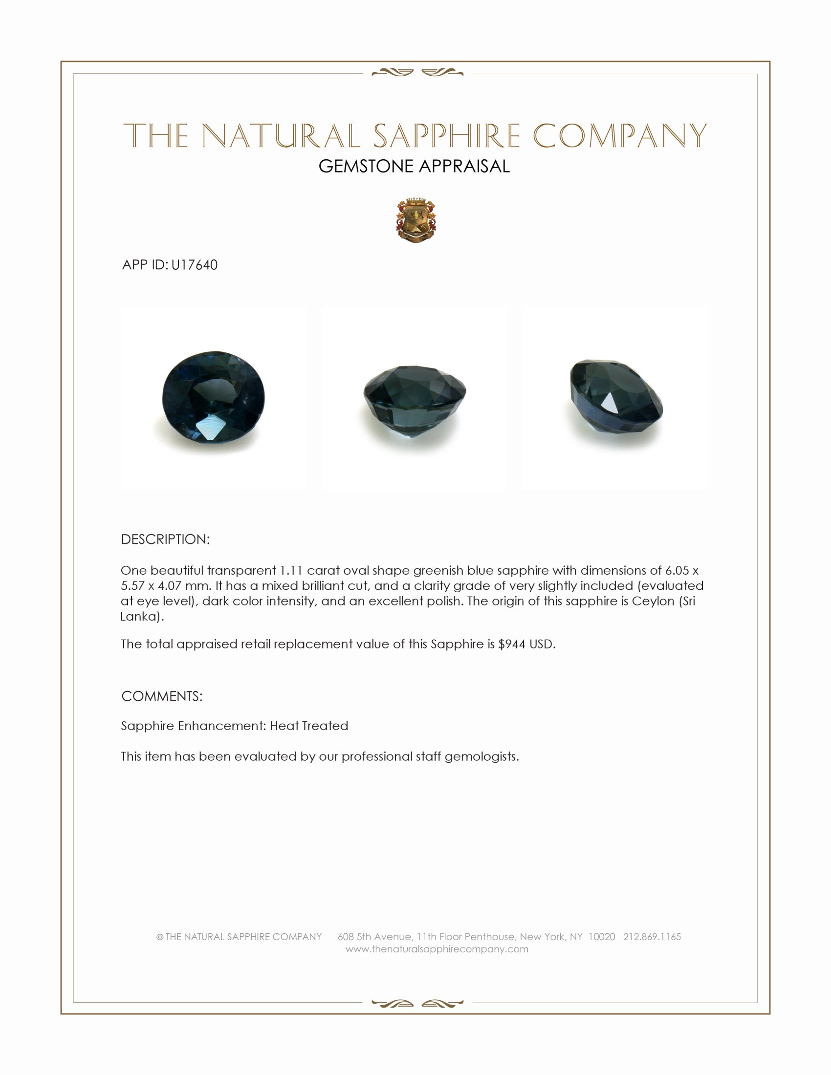 1.11 Ct. Greenish Blue Sapphire from Ceylon (Sri Lanka)