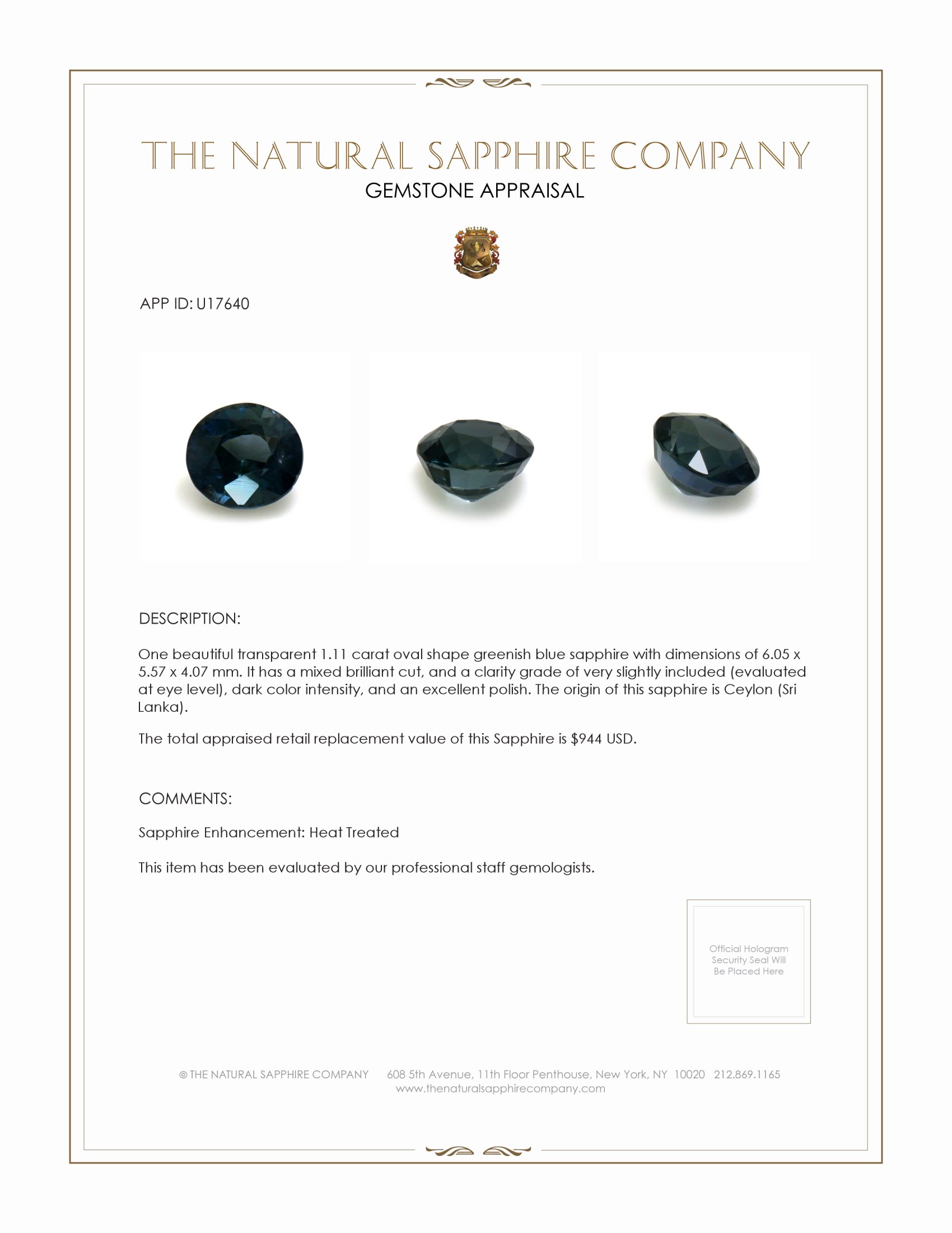 1.11 Ct. Greenish Blue Sapphire from Ceylon (Sri Lanka)
